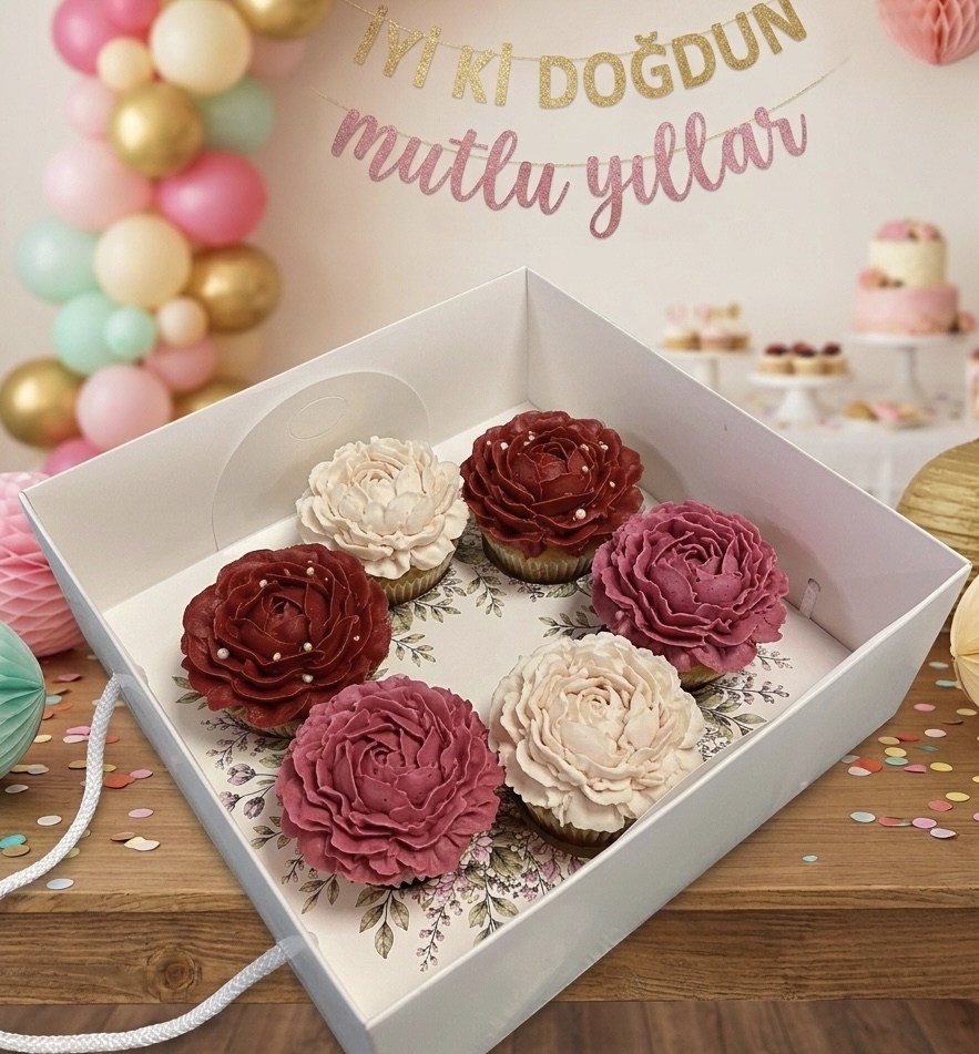 EGE CONCEPT LİFE-ERGUVAN ÇELENK DESENLİ 6 lı CUPCAKE KUTUSU 25x25x10