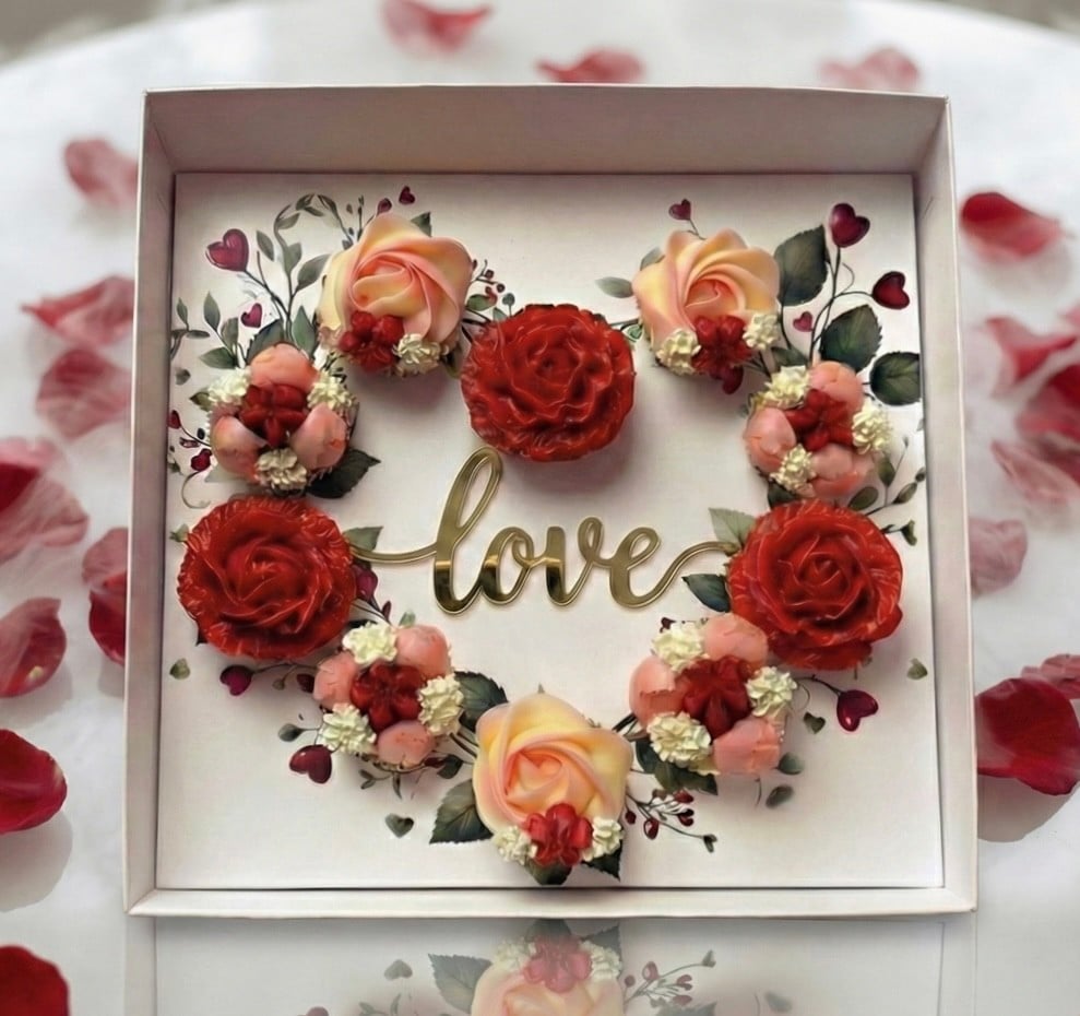 Ürək Formalı Cupcake Qutusu – 35x35x11 sm, Asetat Pəncərəli və LOVE Pleksi ilə Set
