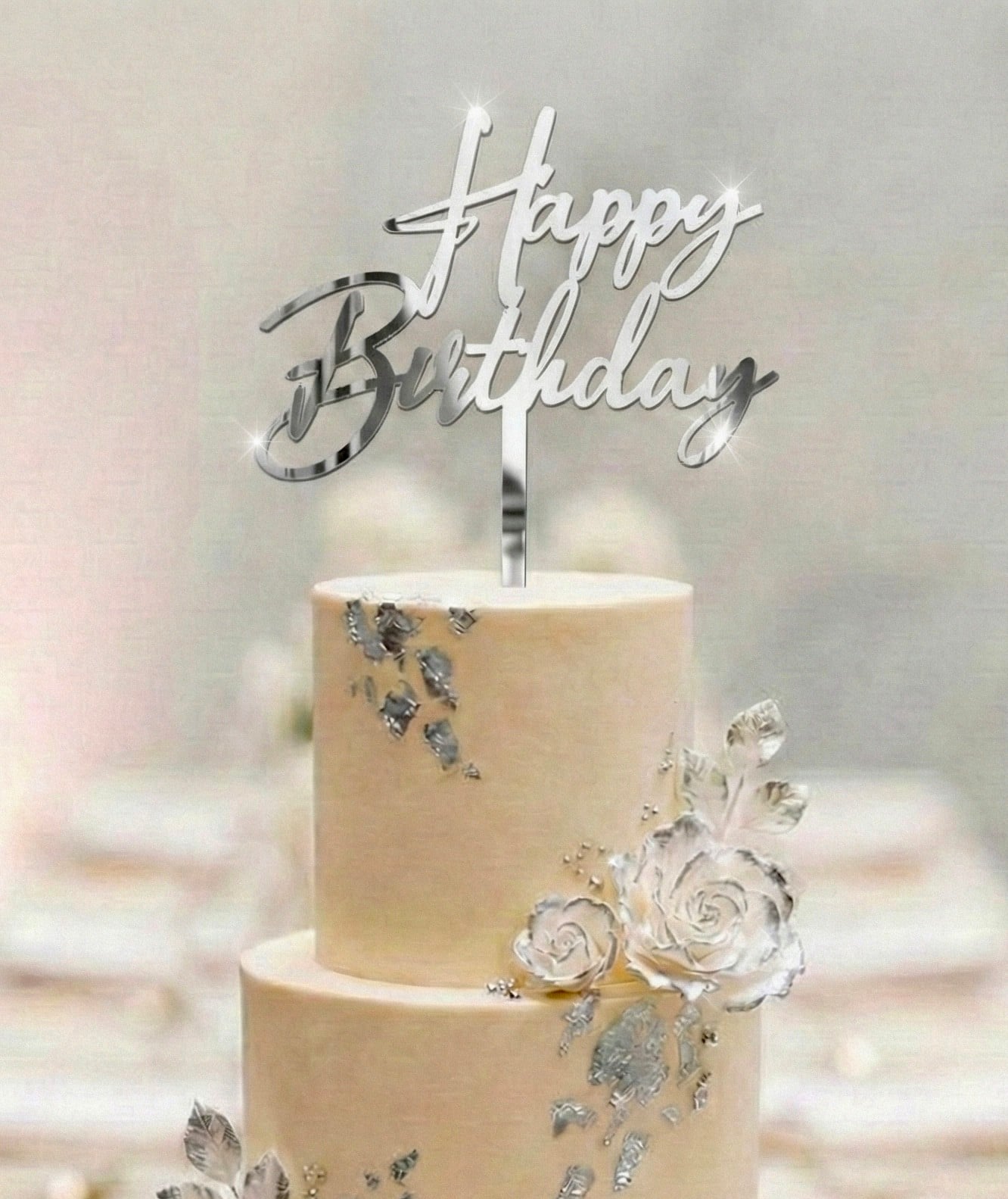Kod 3 Happy Birthday Pleksi Tort Bəzəyi – Gümüş Rəng