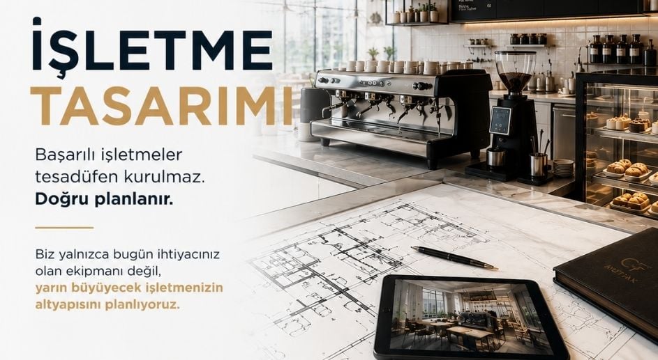 CF Mutfak İşletme Tasarımı konsepti; profesyonel kahve işletmesi planlama, espresso makinesi, kahve değirmeni, yiyecek teşhir alanı, profesyonel mutfak ekipmanları ve modern kafe tasarımını bir araya getiren premium görsel.