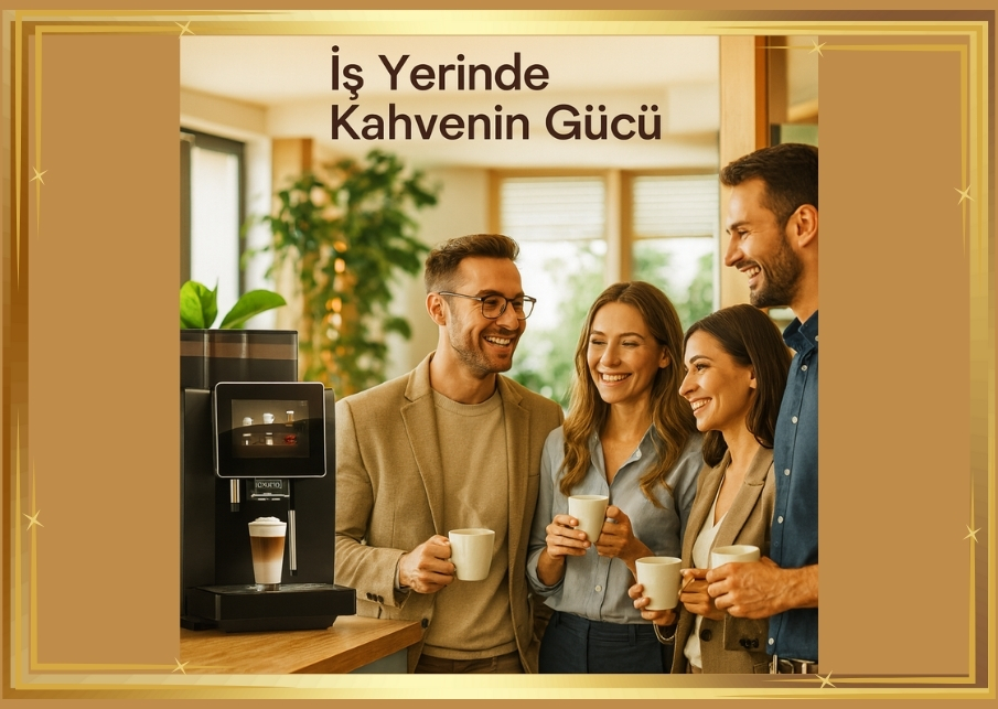 Neşeli bir ofis kahve köşesinde Franke A600 kahve makinesi etrafında kahve içen ve sohbet eden mutlu çalışanlar