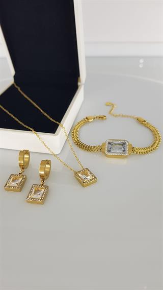 Baget Taşlı Gold Çelik Takı SetiBaget Taşlı Gold Çelik Takı SetiKararma Yapmaz, Zarif Stil
