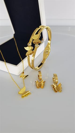 Kelebek Gold Rengi Çelik Takı SetiKelebek Gold Rengi Çelik Takı Seti Kararma Yapmaz, Zarif Stil