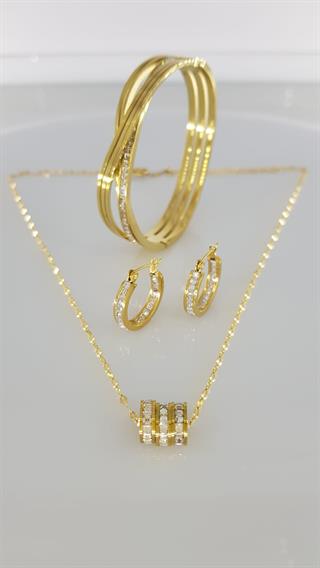 Taşlı Gold Rengi Çelik Takı SetiTaşlı Gold Rengi Çelik Takı Seti Kararma Yapmaz, Zarif Stil