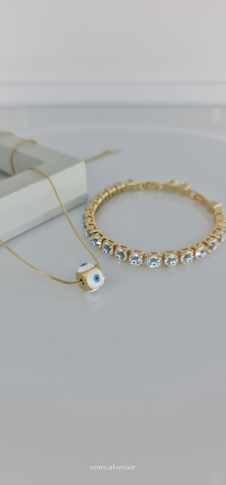 Nazar Kolye Bileklik Çelik Takı SetiNazar Kolye Bileklik Çelik Takı Seti Kararma Yapmaz, Zarif Stil
