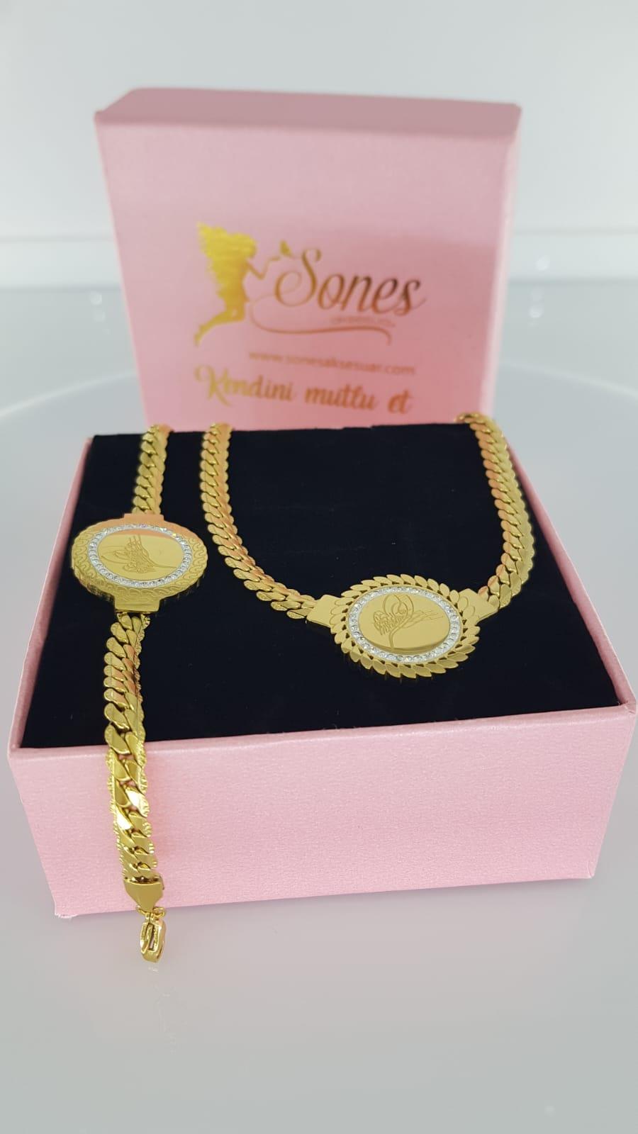 Tuğra Çelik kolye ve bileklik  Sns2055Tuğra Çelik kolye ve bileklik  Sns2055 Osmanlı Kurtuluş Düğün takı