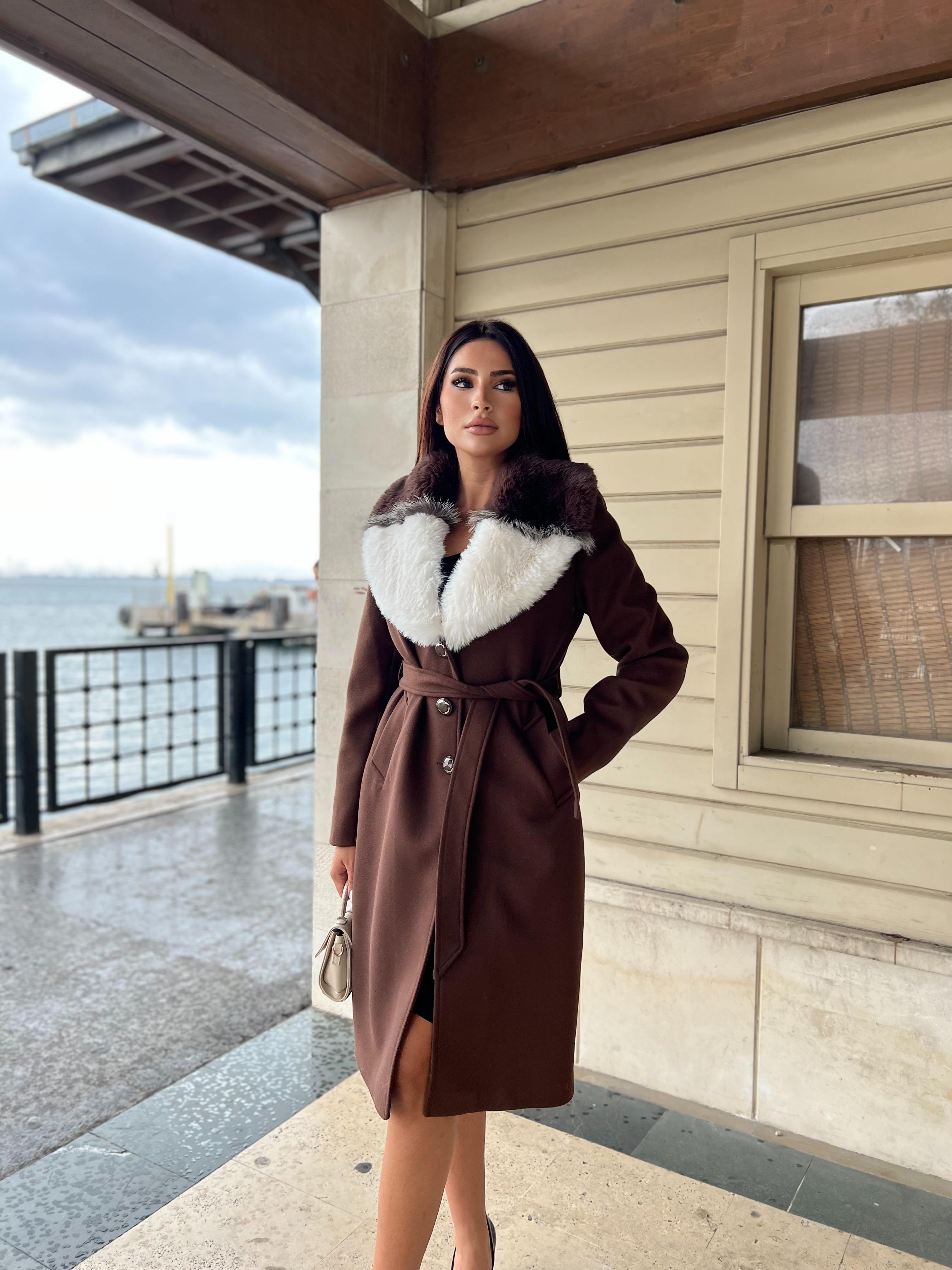 Beaute Kürklü Kaşe Kaban Kahve