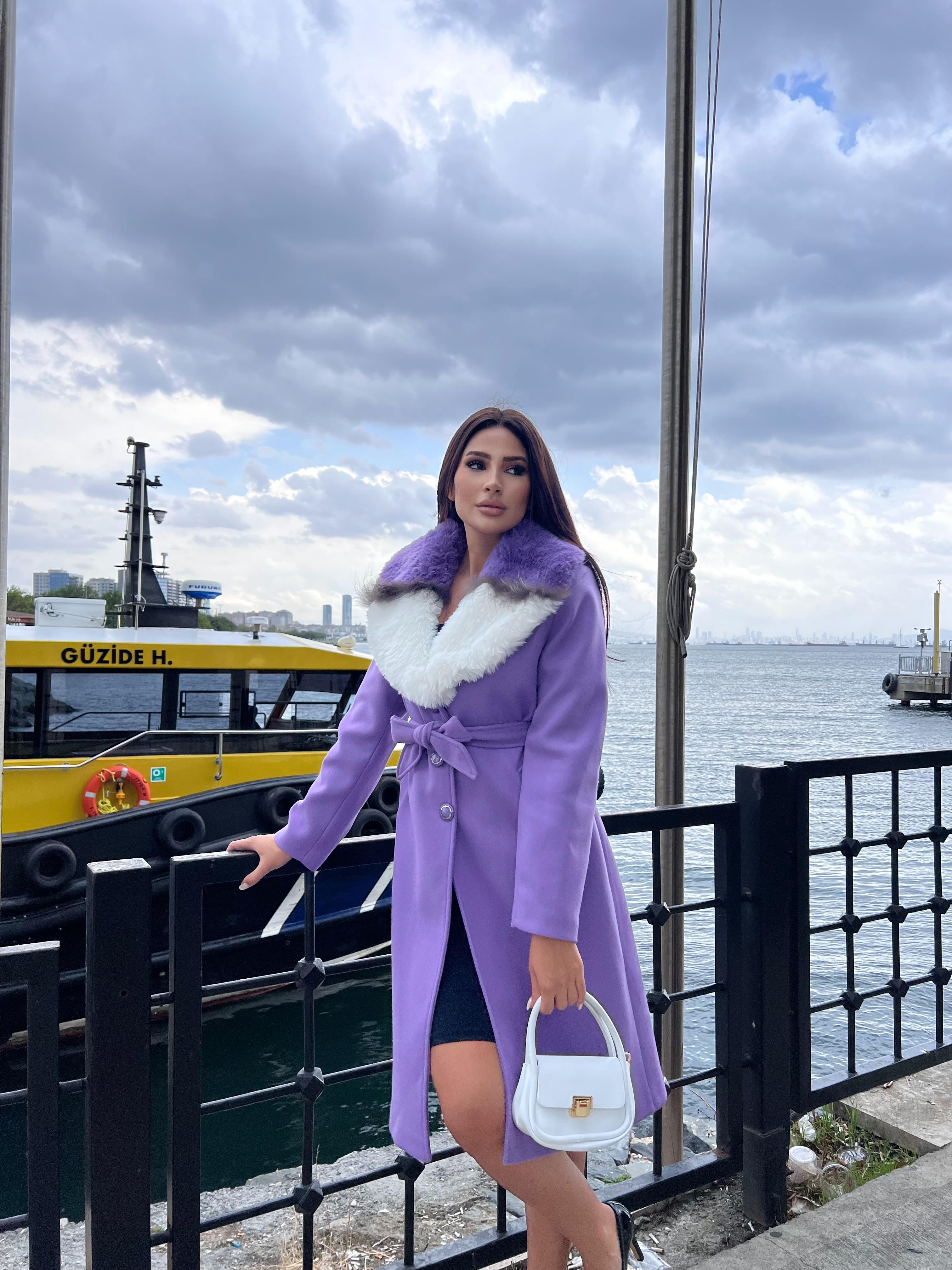 Beaute Kürklü Kaşe Kaban Lila 