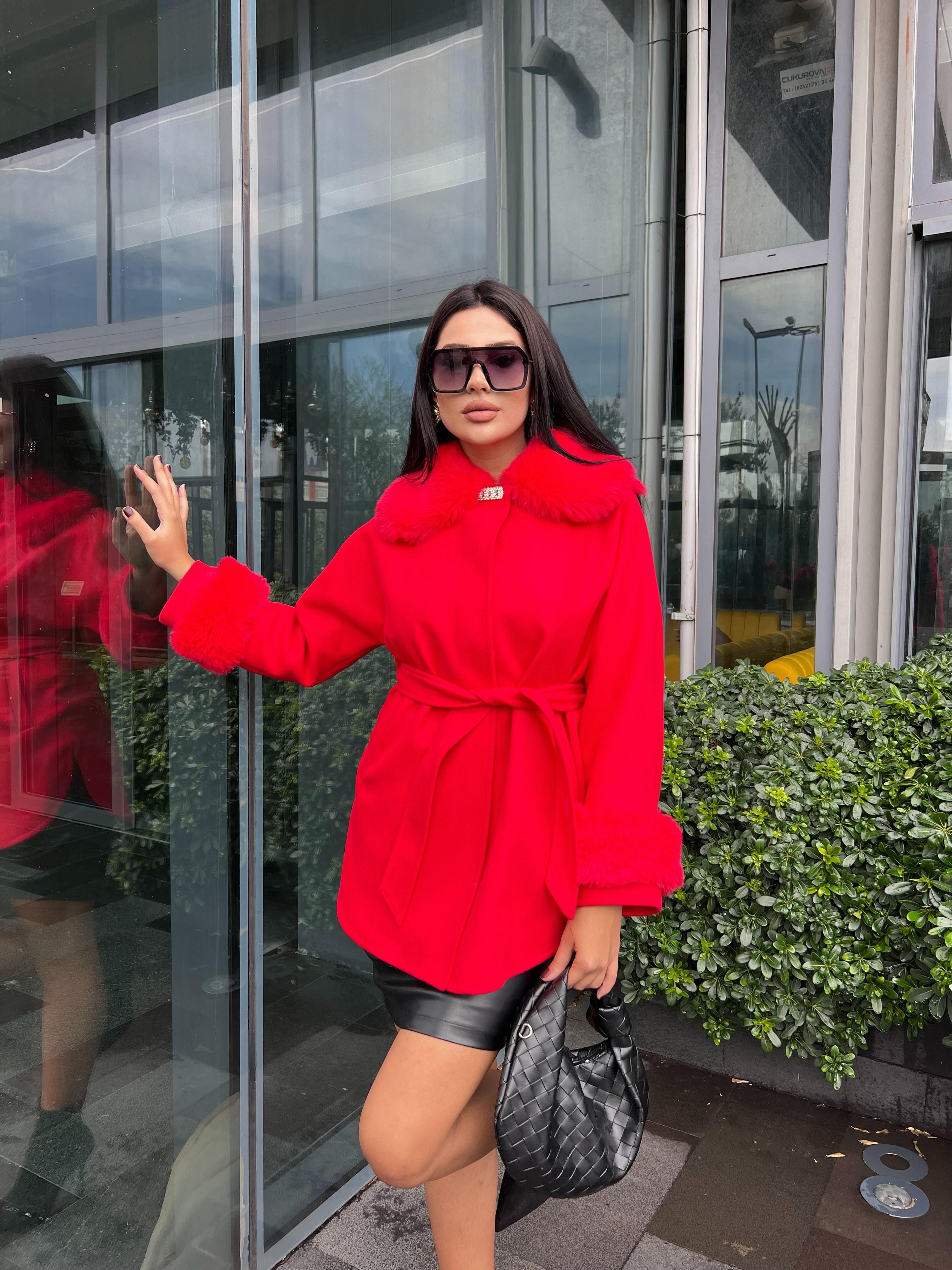 Bellezza Kürklü Panço Kırmızı