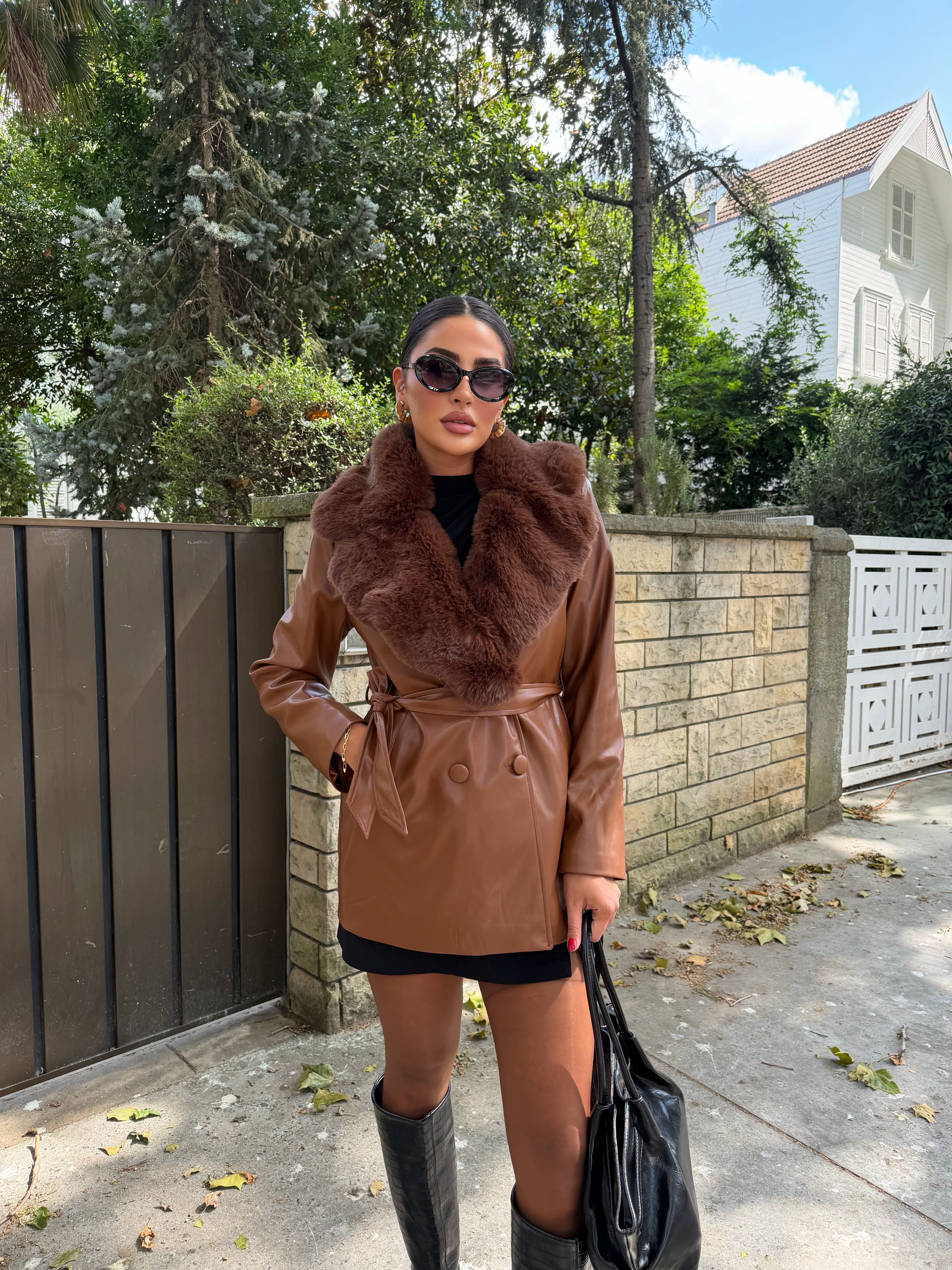 Bianca Çıkarılabilir Kürk Yakalı Deri Ceket (Kahverengi)