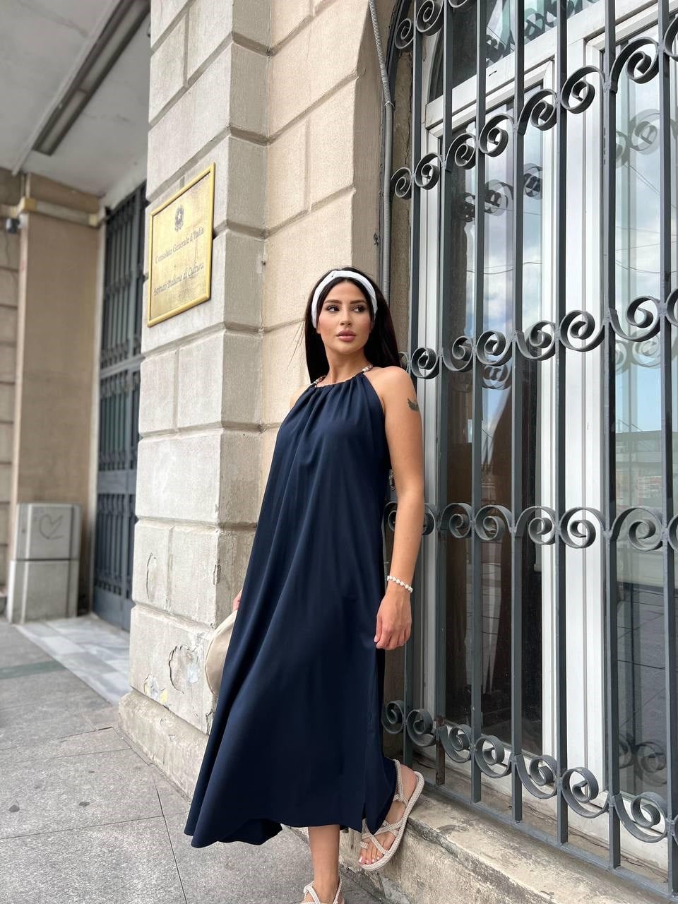 boncuklu keten elbise lacivert