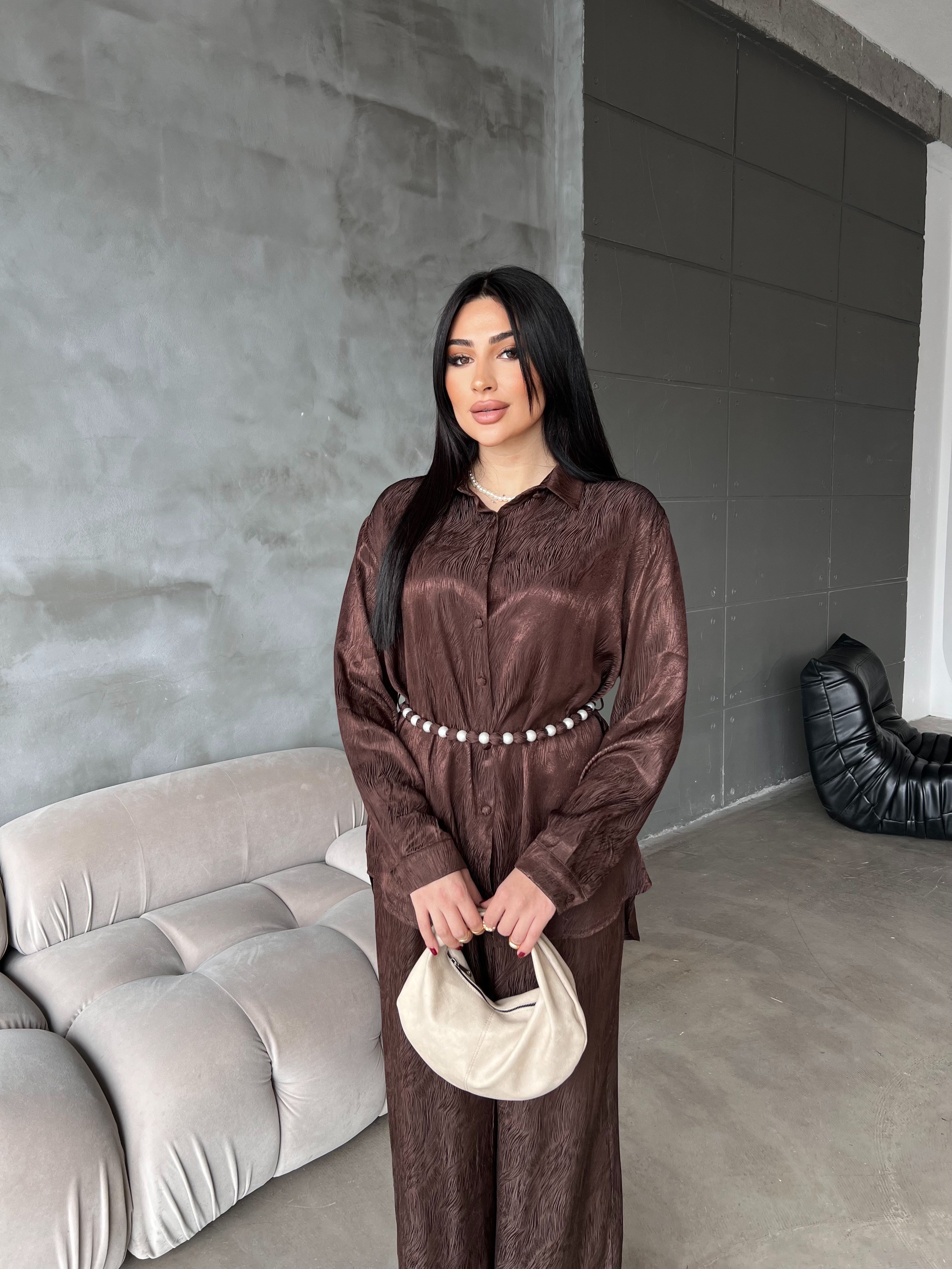 dera desenli saten takım kahve
