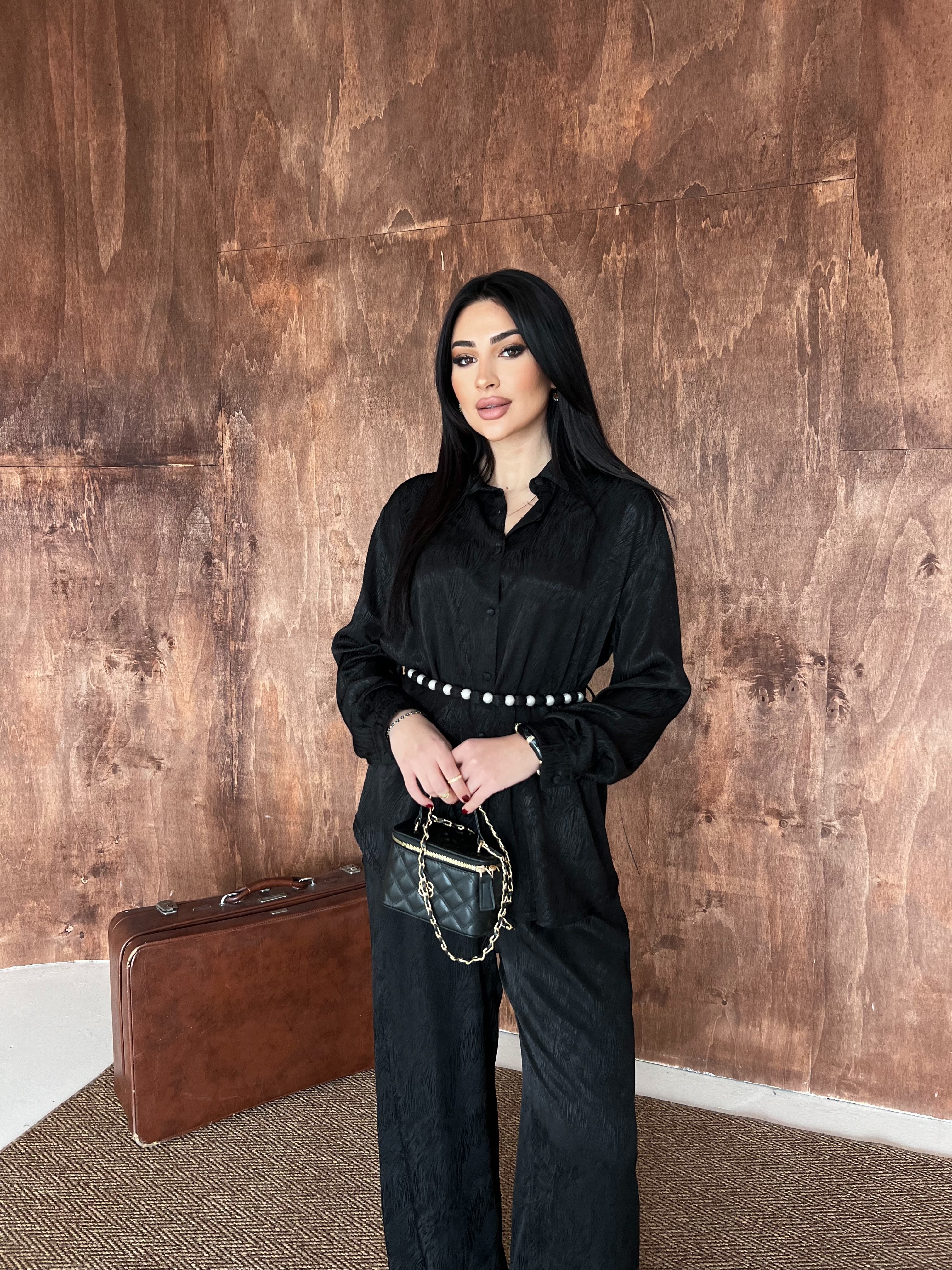 dera desenli saten takım siyah