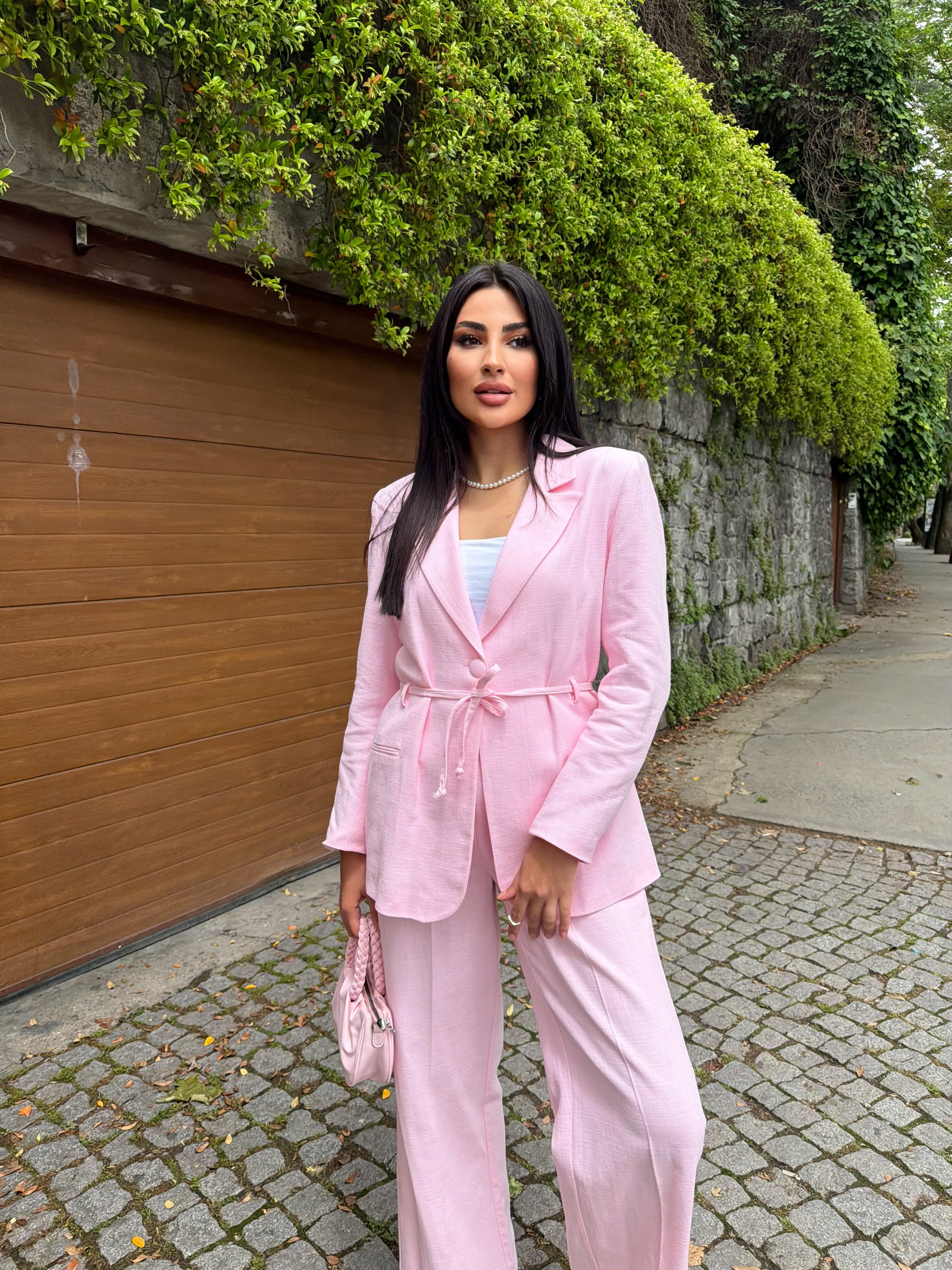 ip kemerli keten takım pembe