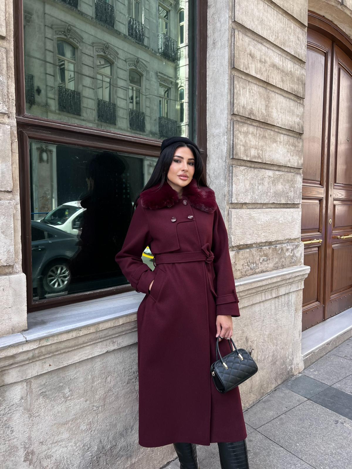 Kürkü Çıkarılabilir Kaşe Kaban Bordo