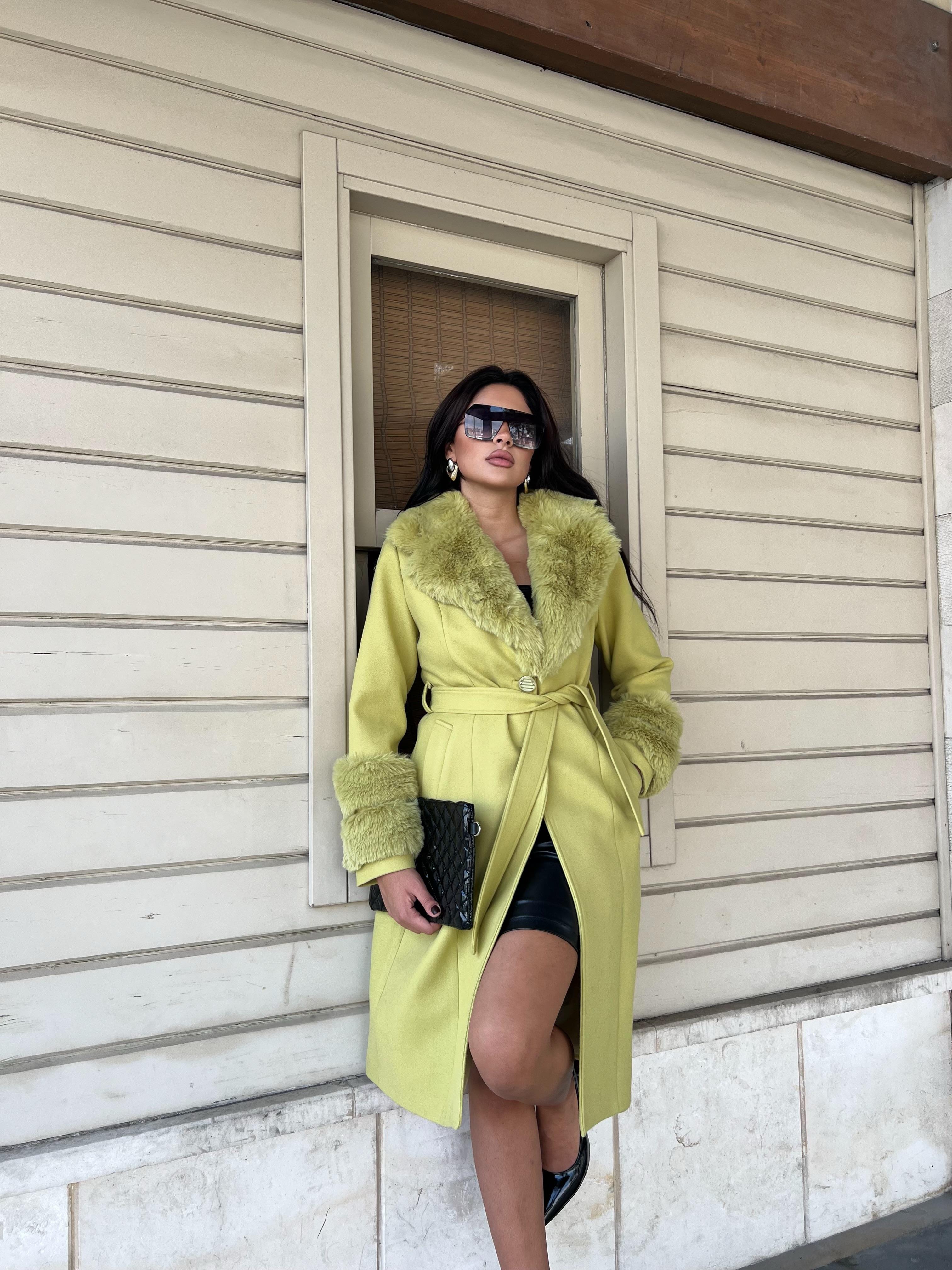 Lisa Kürklü Kaşe Kaban Açık Yeşil