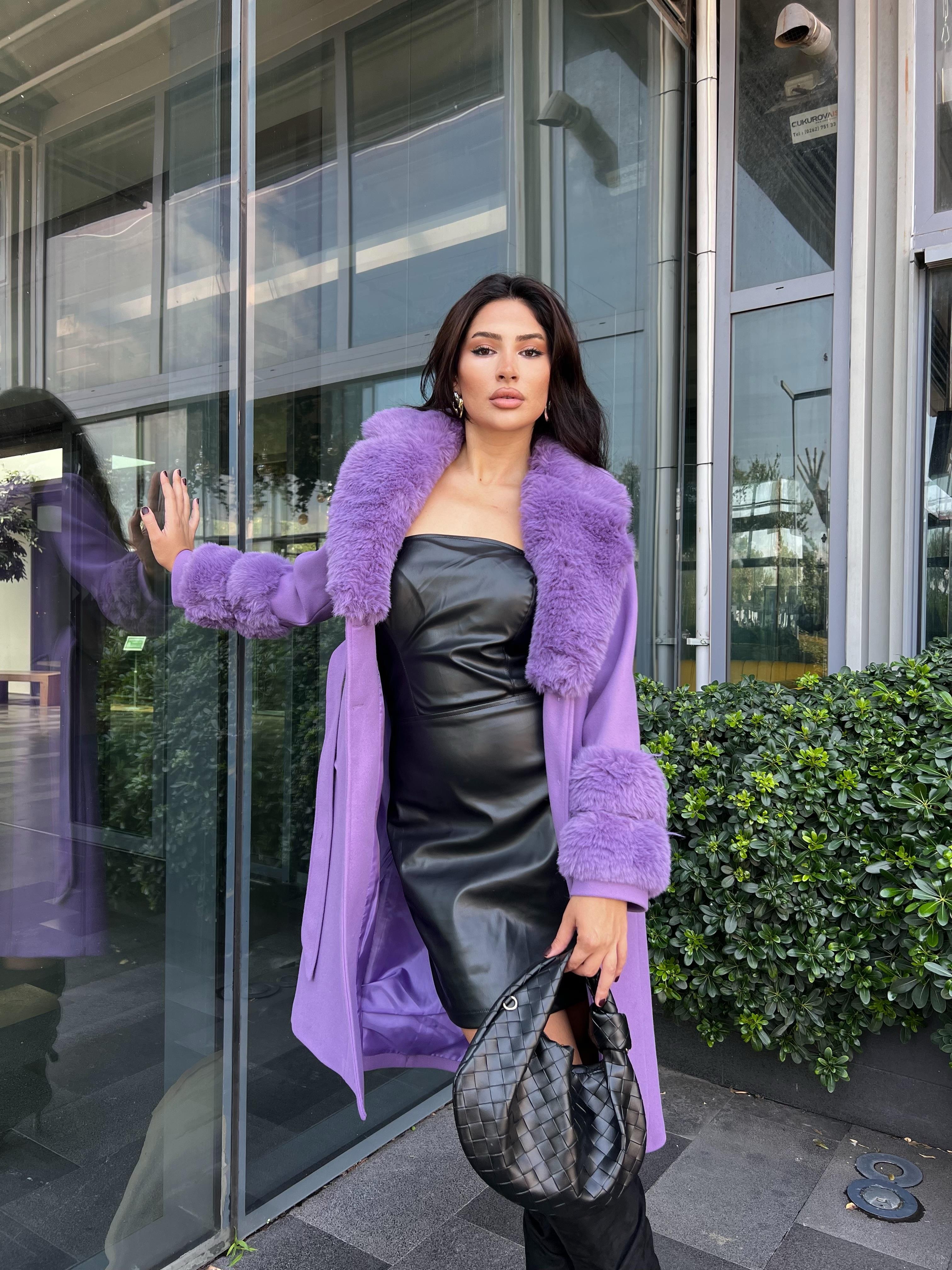 Lisa Kürklü Kaşe Kaban Lila