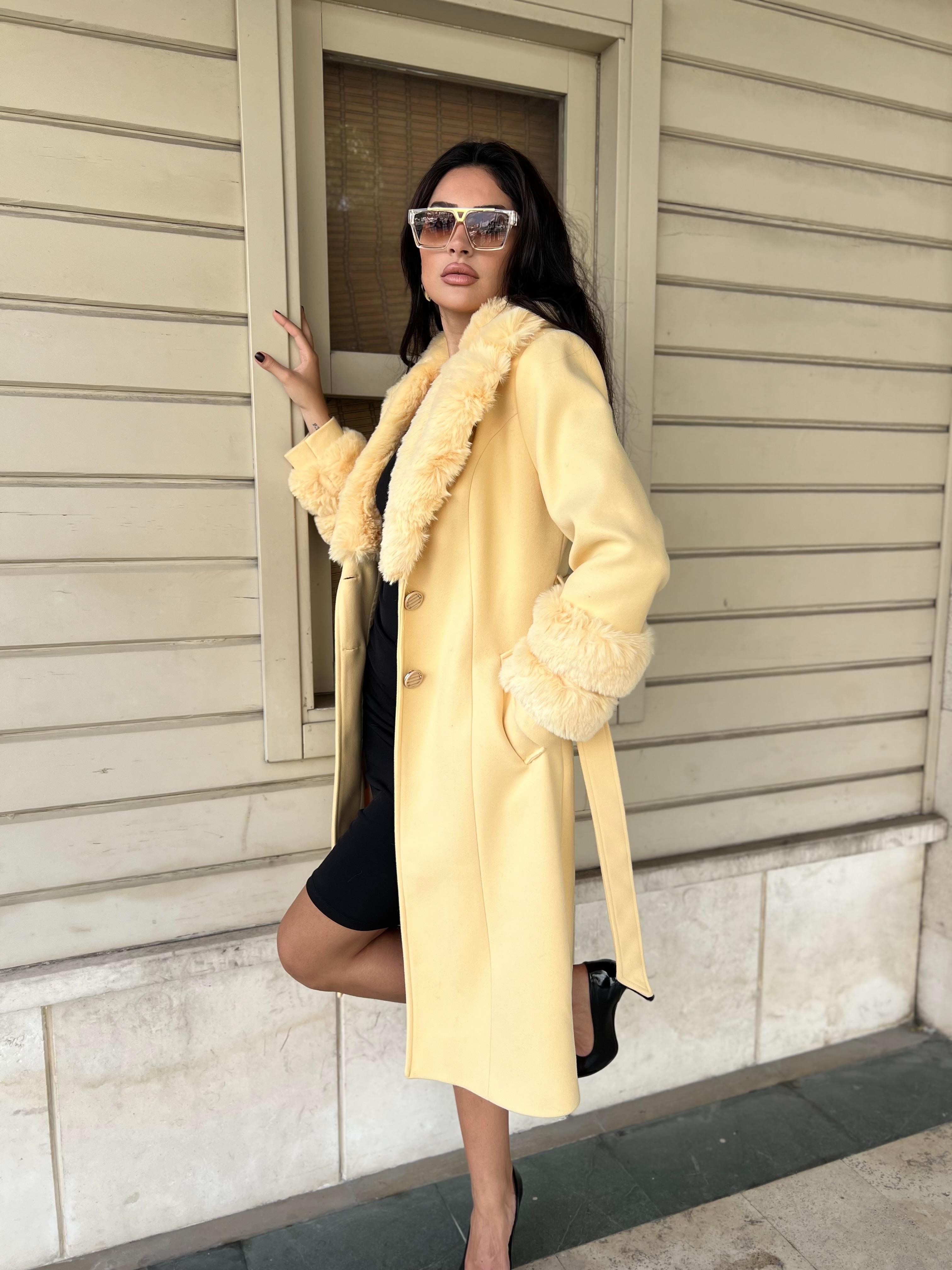 Lisa Kürklü Kaşe Kaban Sarı