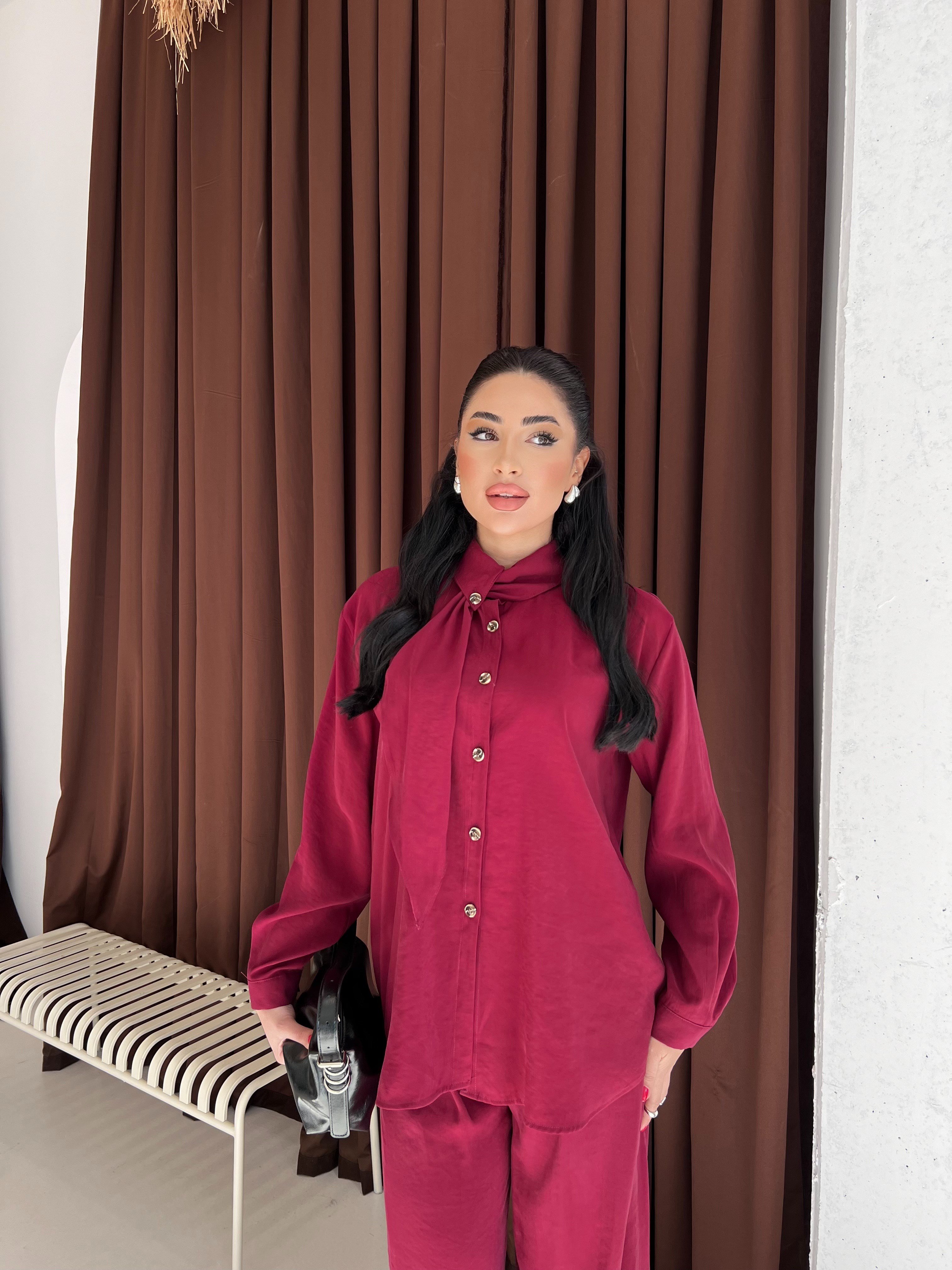Maria Yaka Detaylı Takım Bordo