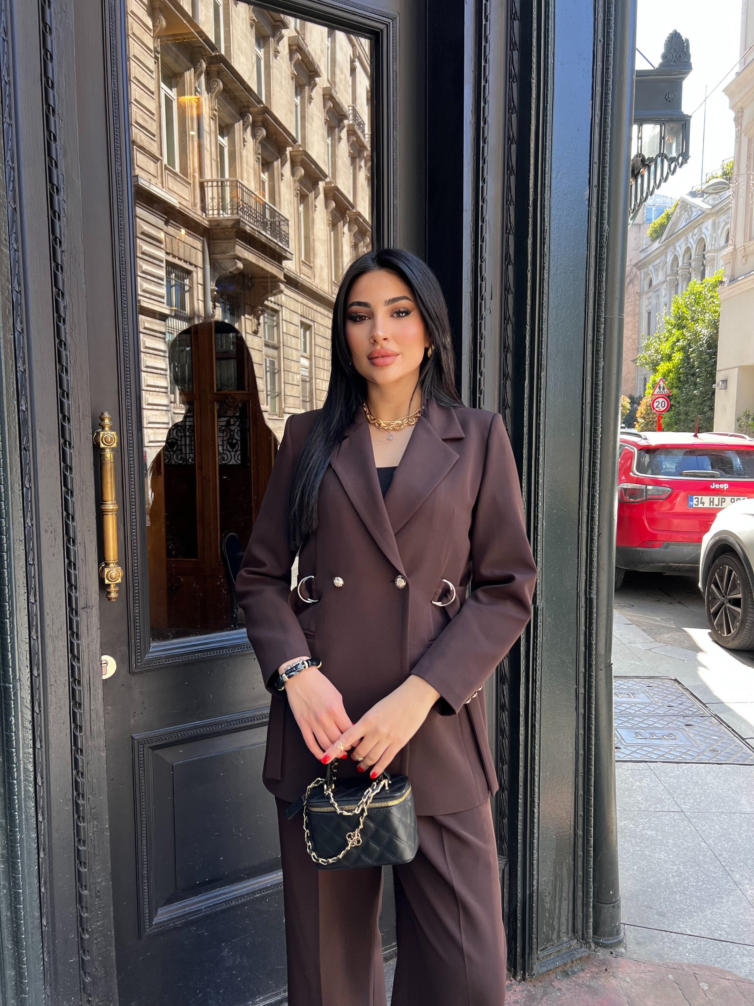 noir bel detaylı ceket takım acı kahve