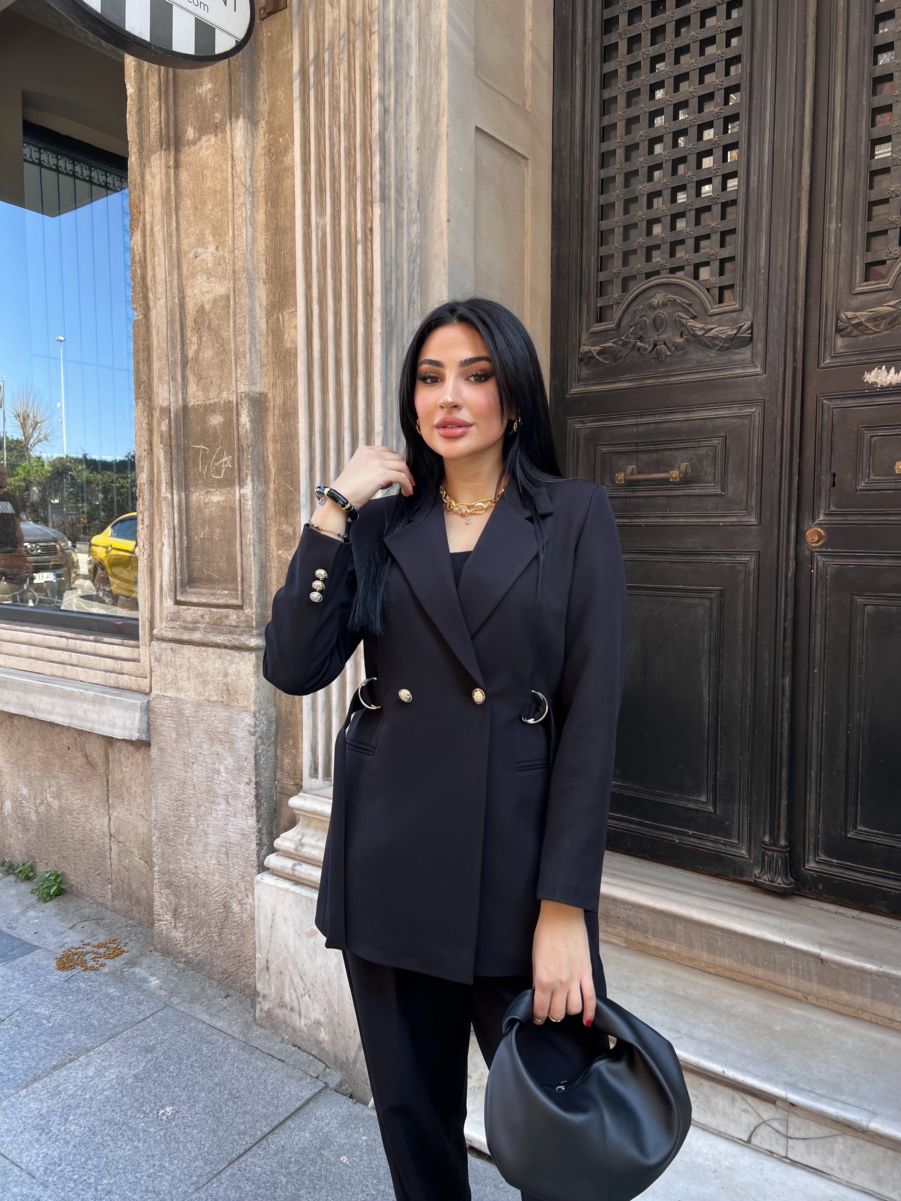 noir bel detaylı ceket takım siyah