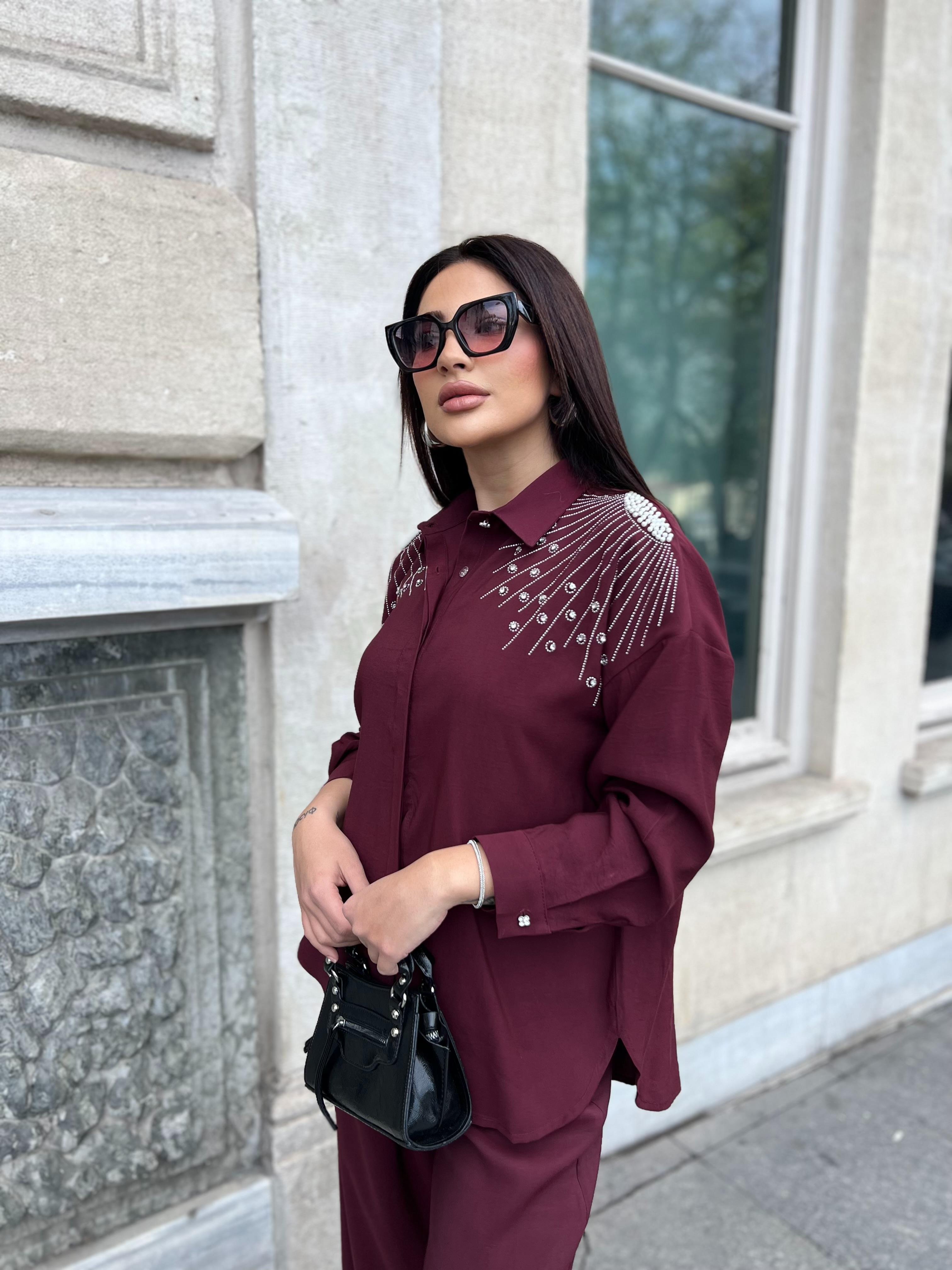 Omuz Detaylı İkili Takım Bordo