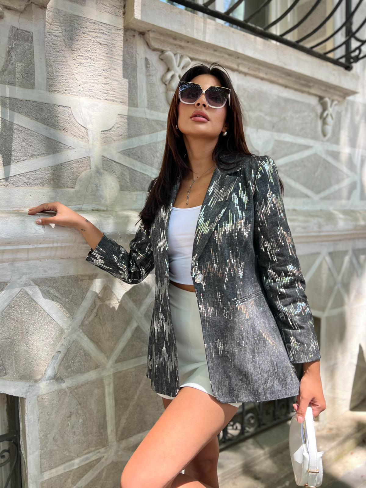 Özel Tasarım Pullu Ceket Antrasit Zigzag