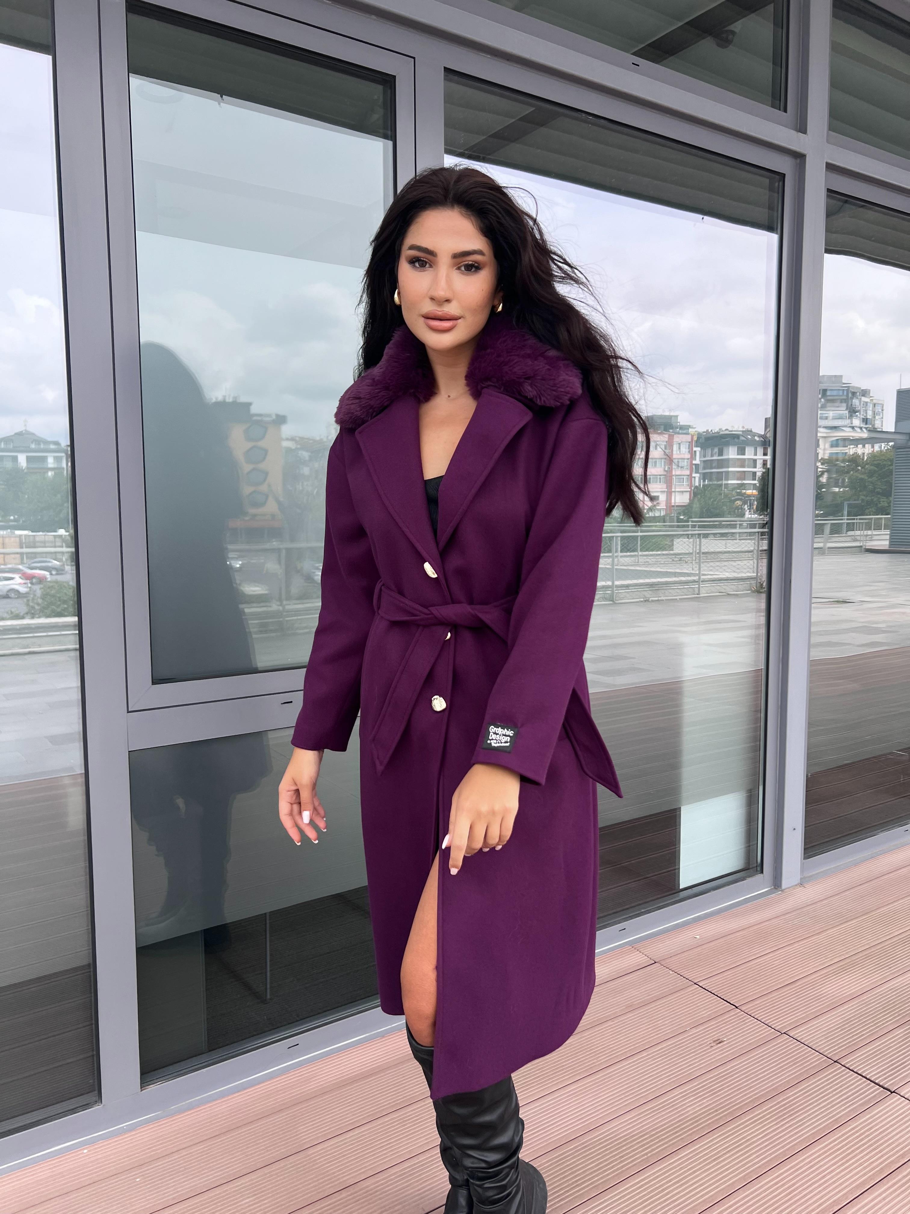 Pearl Çıkarılabilir Kürklü Kaşe Kaban Mürdüm