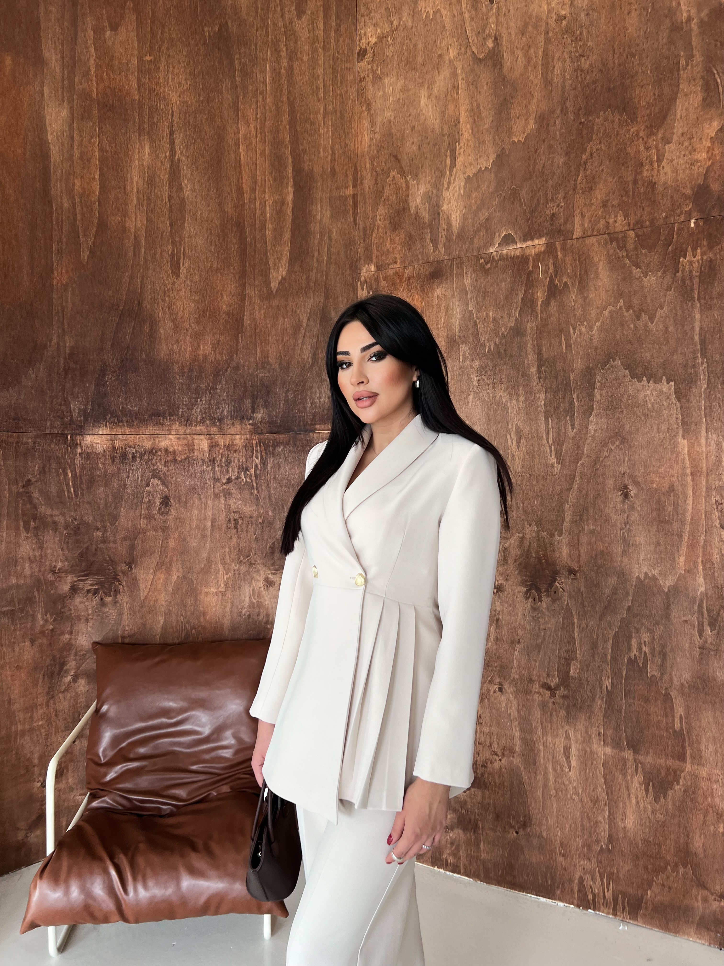 Pileli Ceket Takım Bej