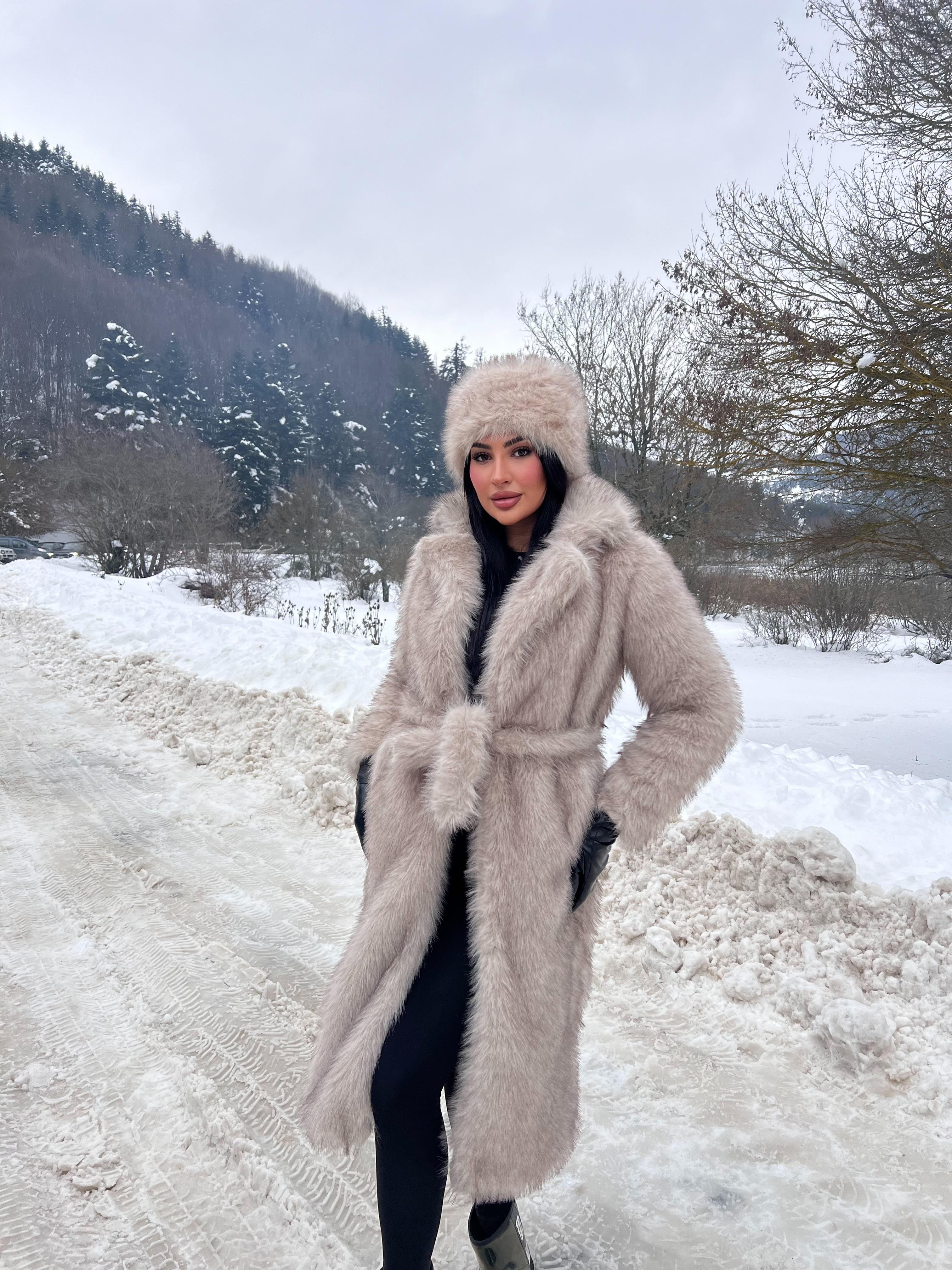 Printli Uzun Kuşaklı Kürk ve Şapka SET