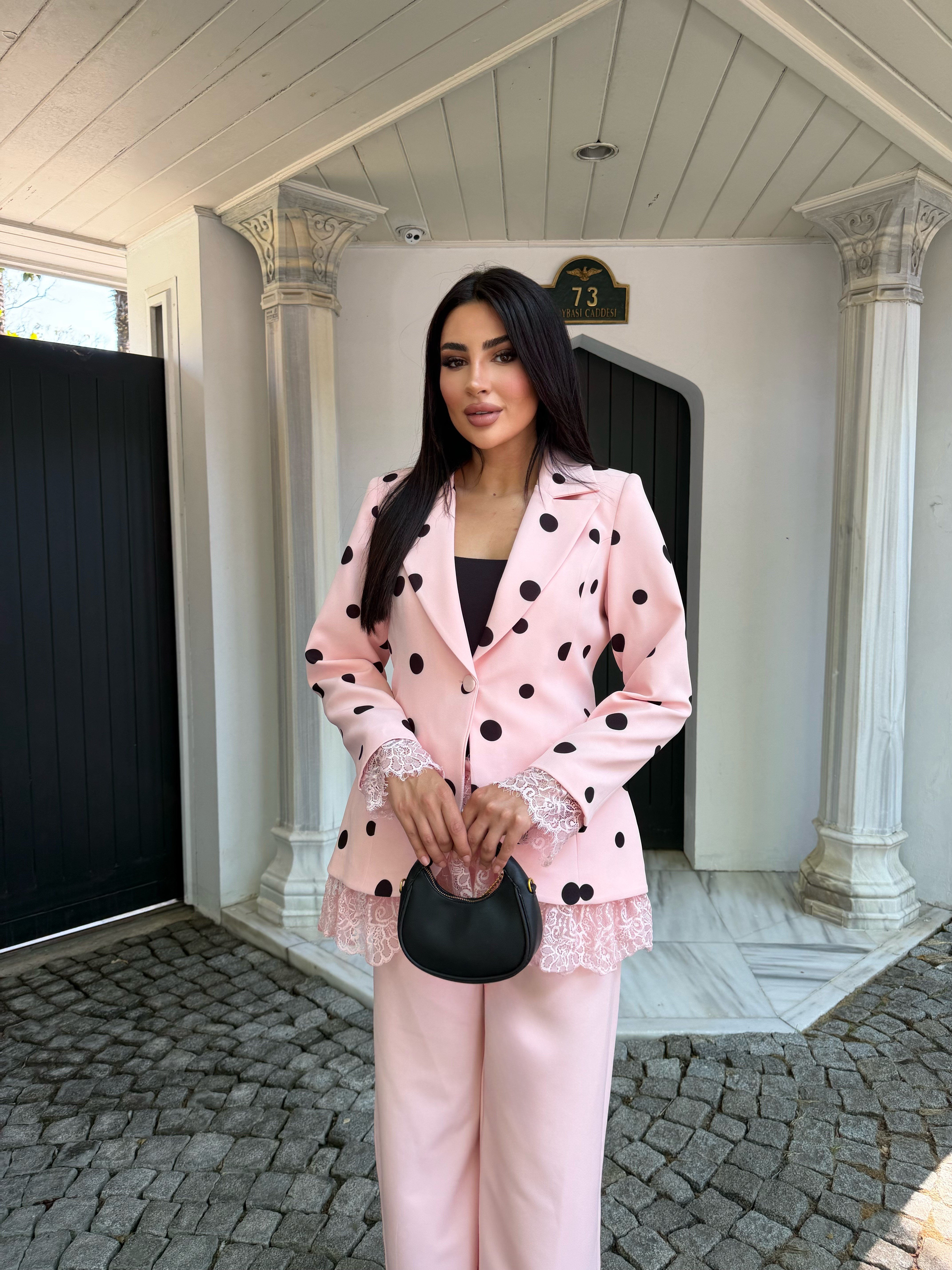 puantiyeli dantelli ceket takım pembe 