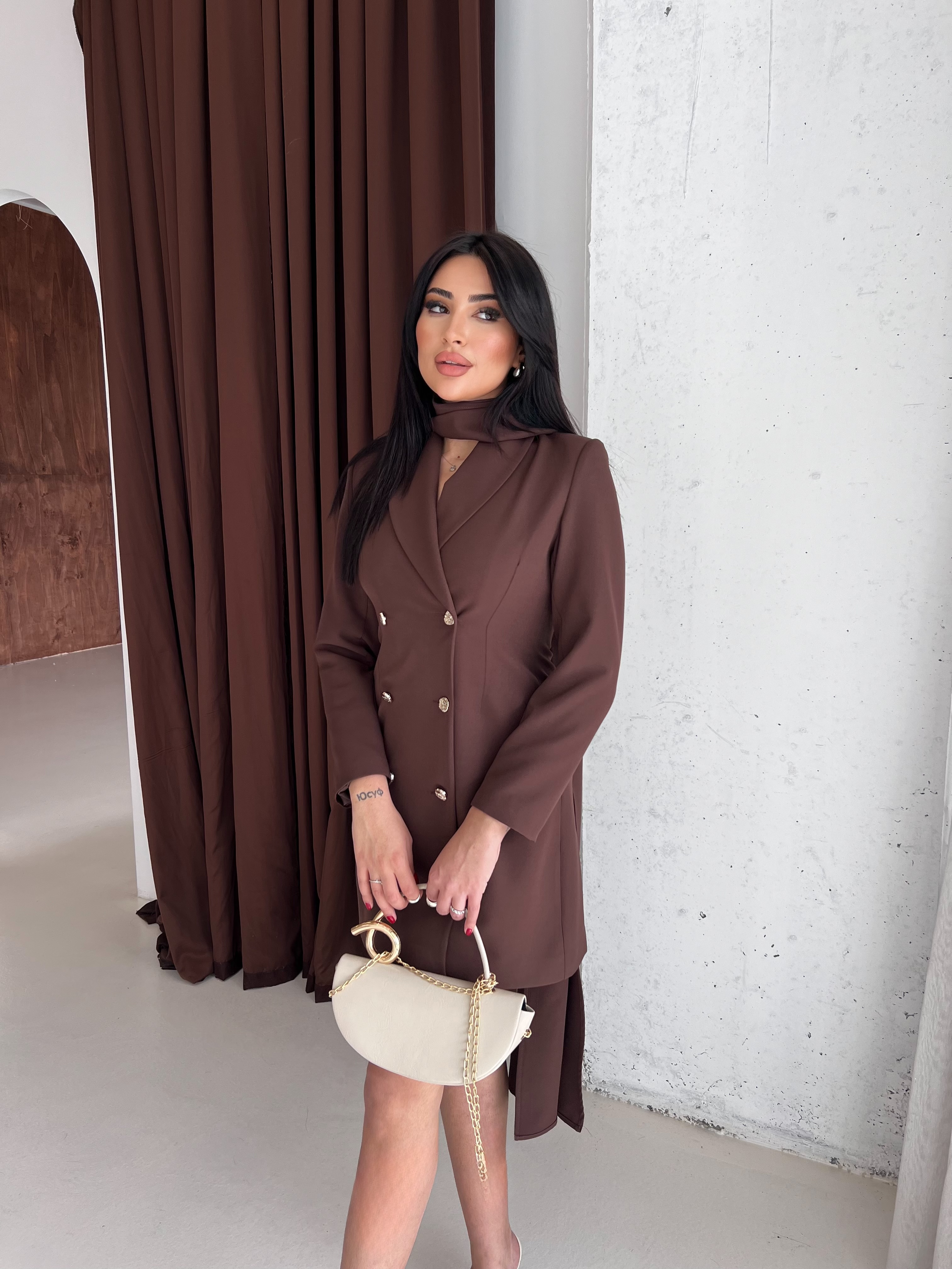 Şallı Ceket Elbise Kahve