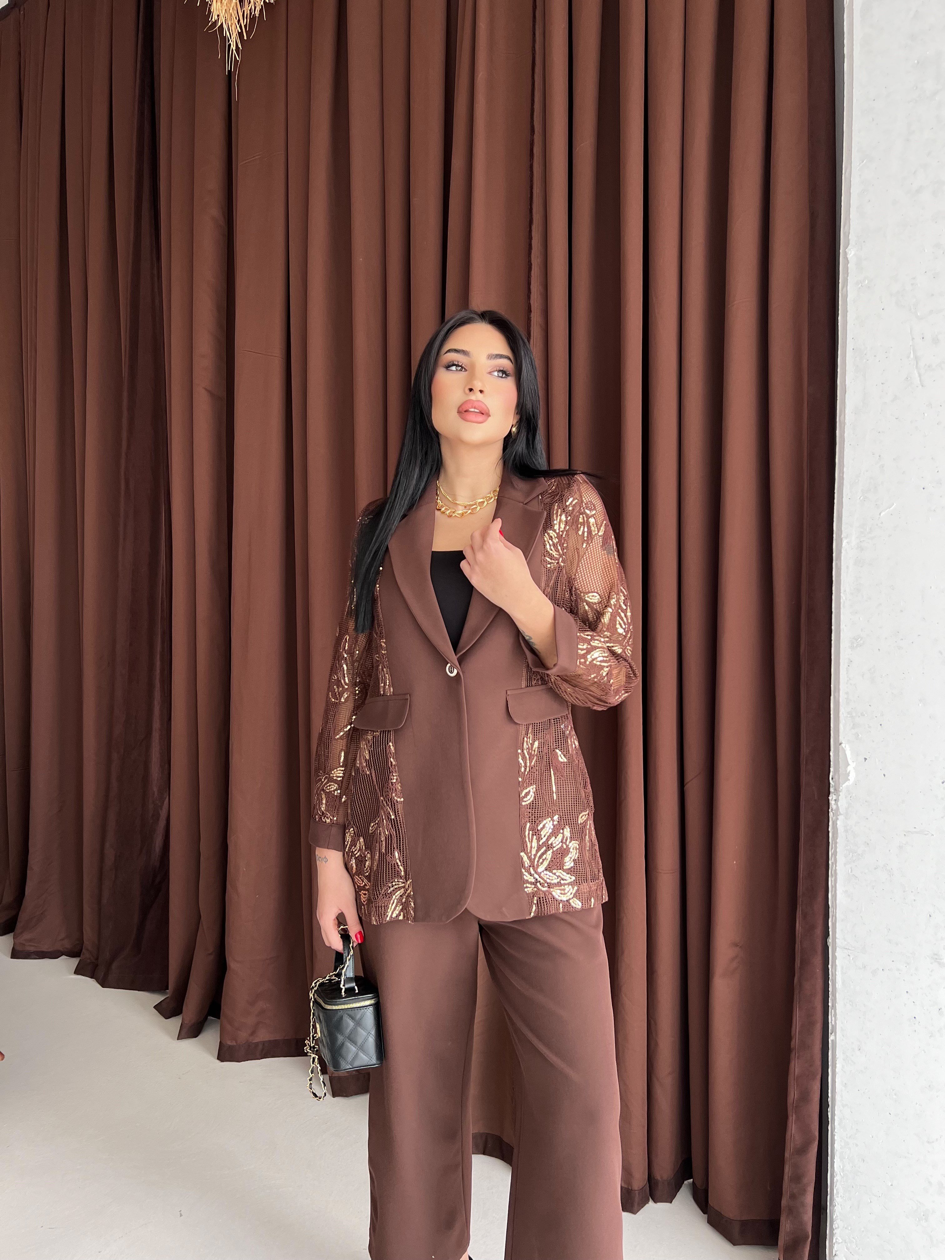 Style Dantelli Ceket Takım Kahve