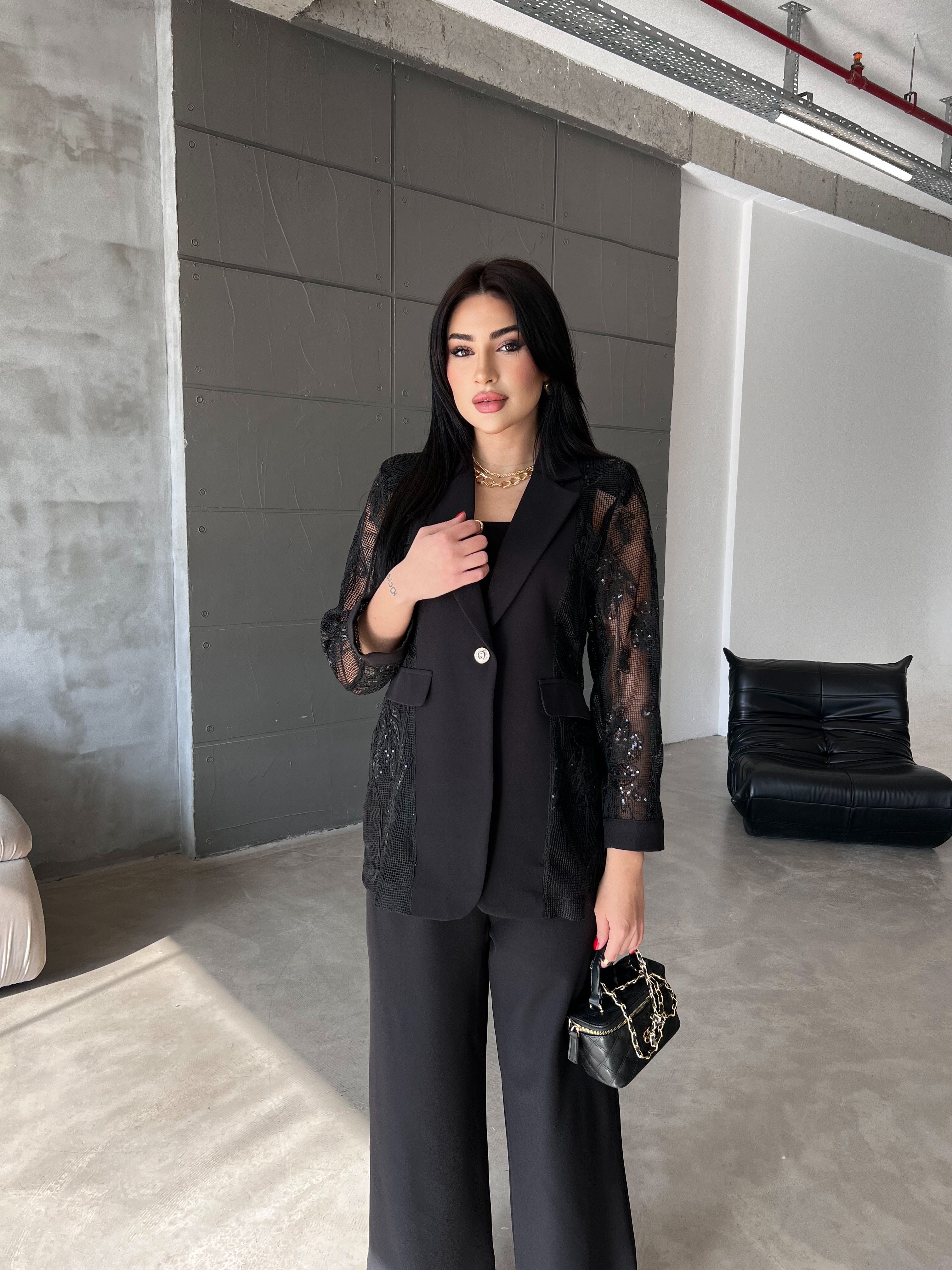 Style Dantelli Ceket Takım Siyah
