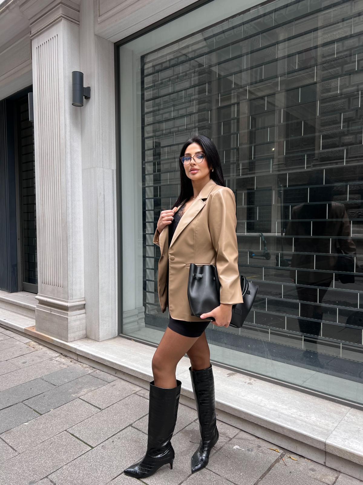 Tek Düğmeli Deri Ceket Bej