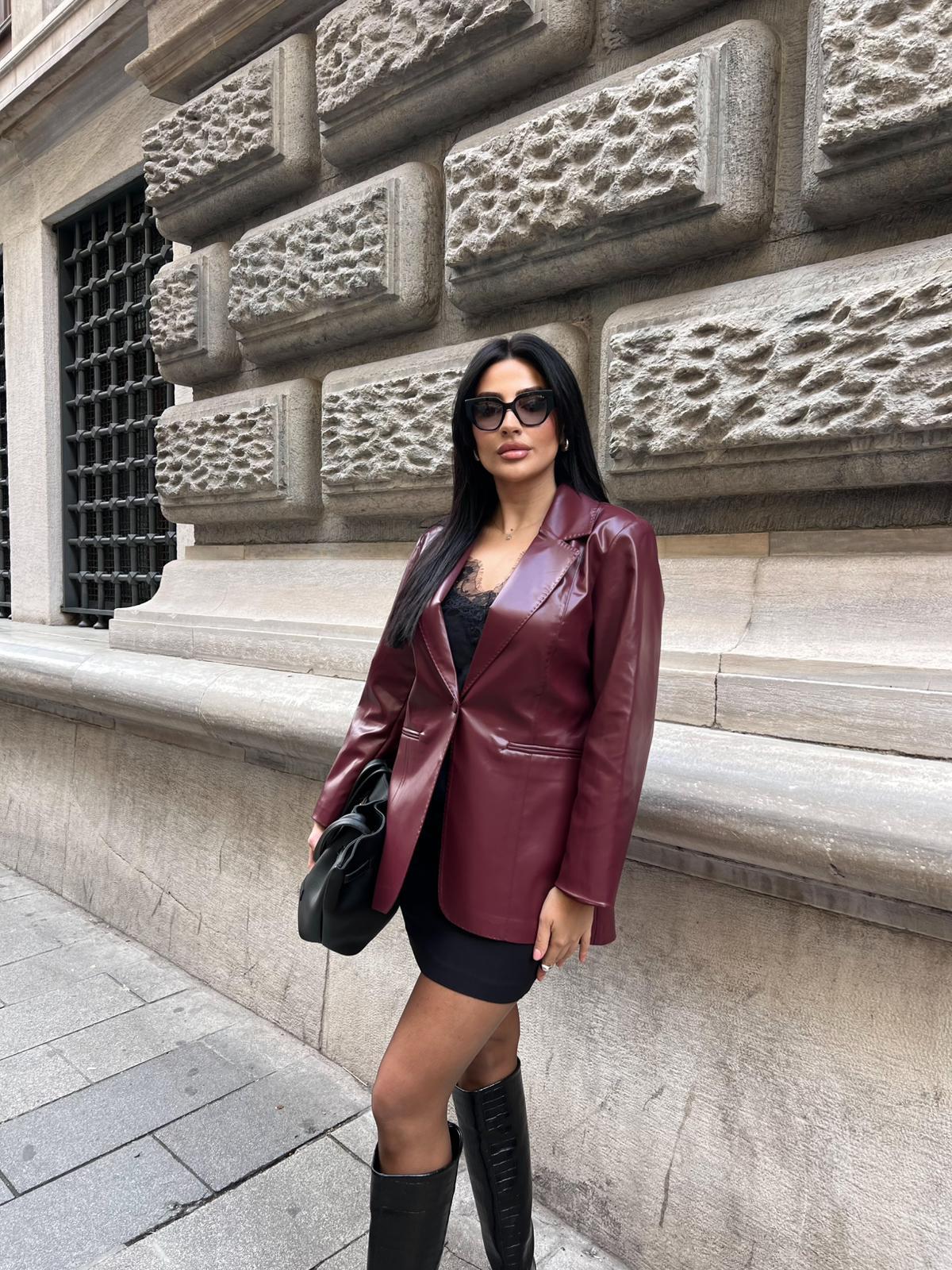 Tek Düğmeli Deri Ceket Bordo