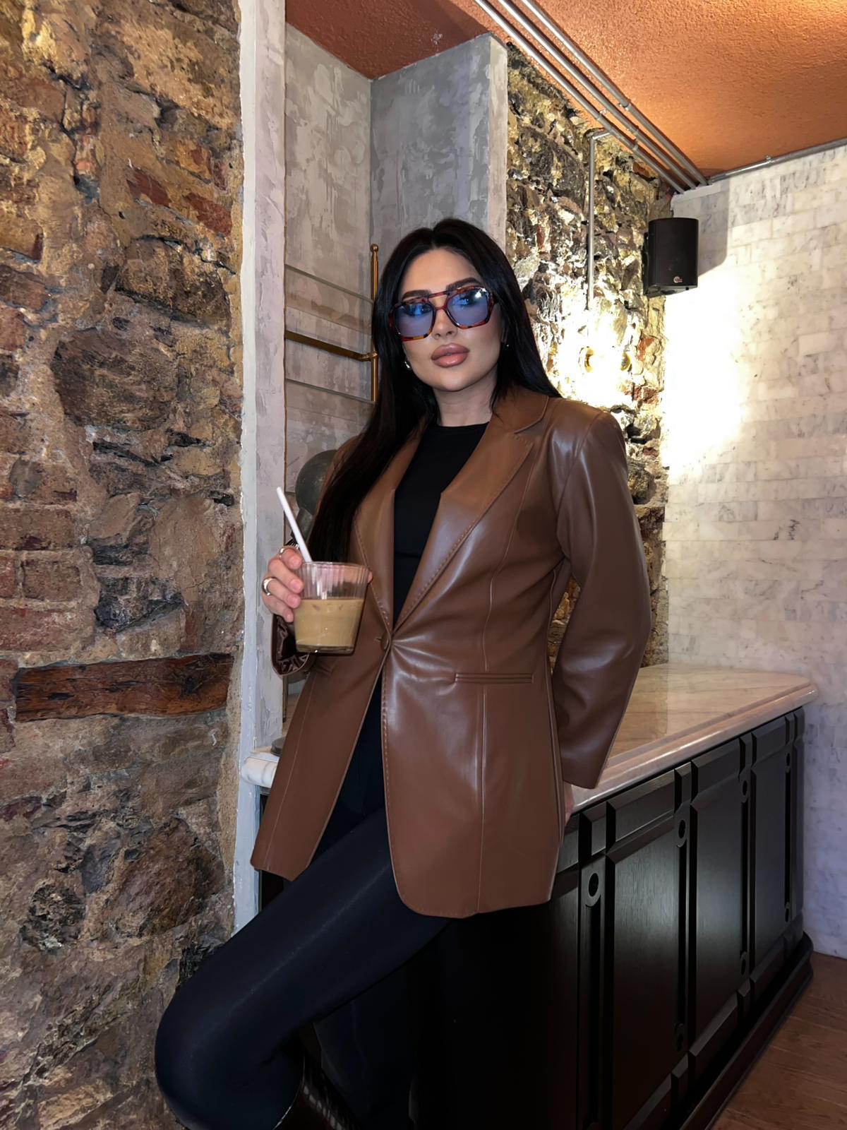 Tek Düğmeli Deri Ceket Kahve