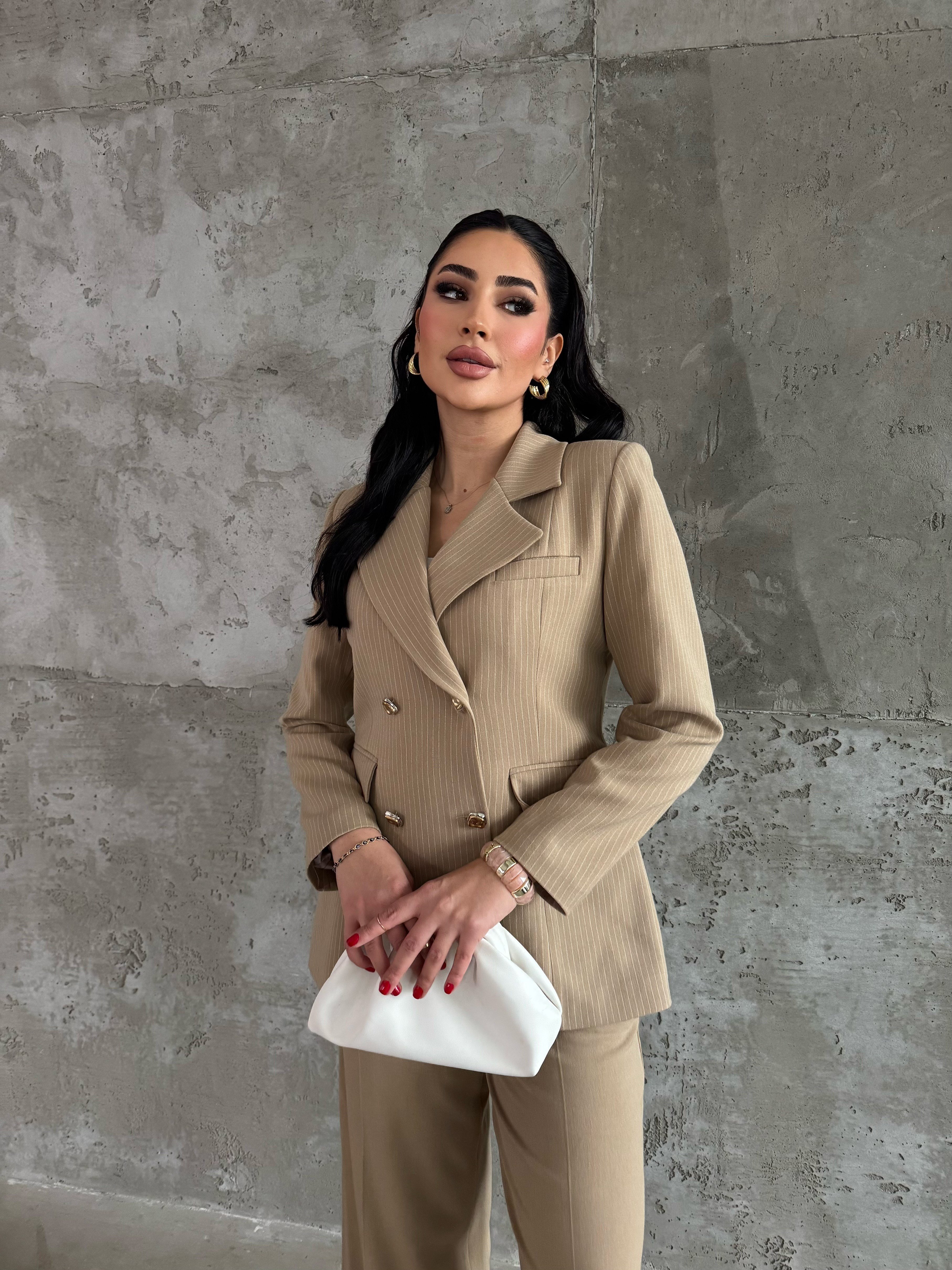 tila çizgili ceket takım camel 