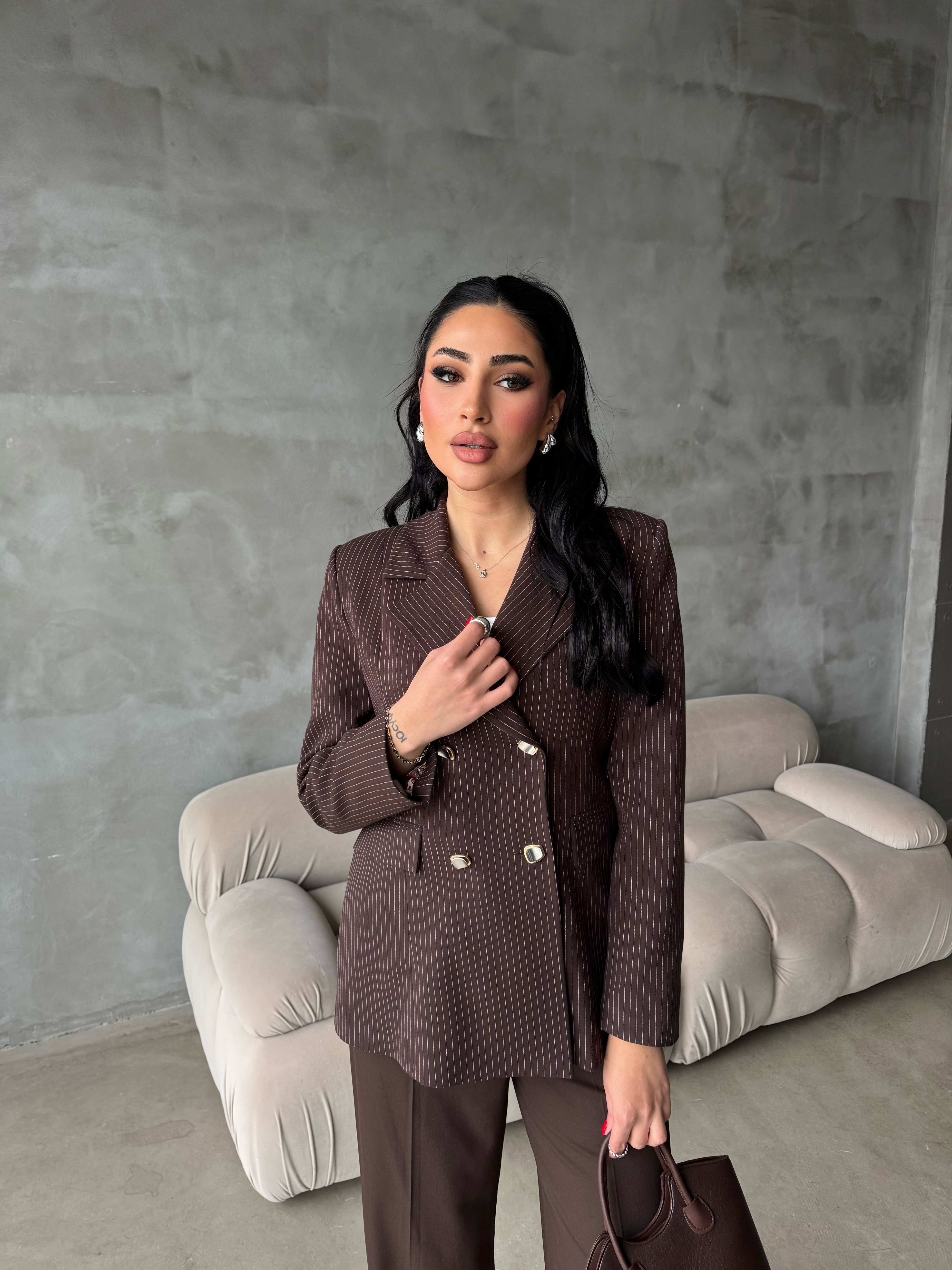 tila çizgili ceket takım kahve