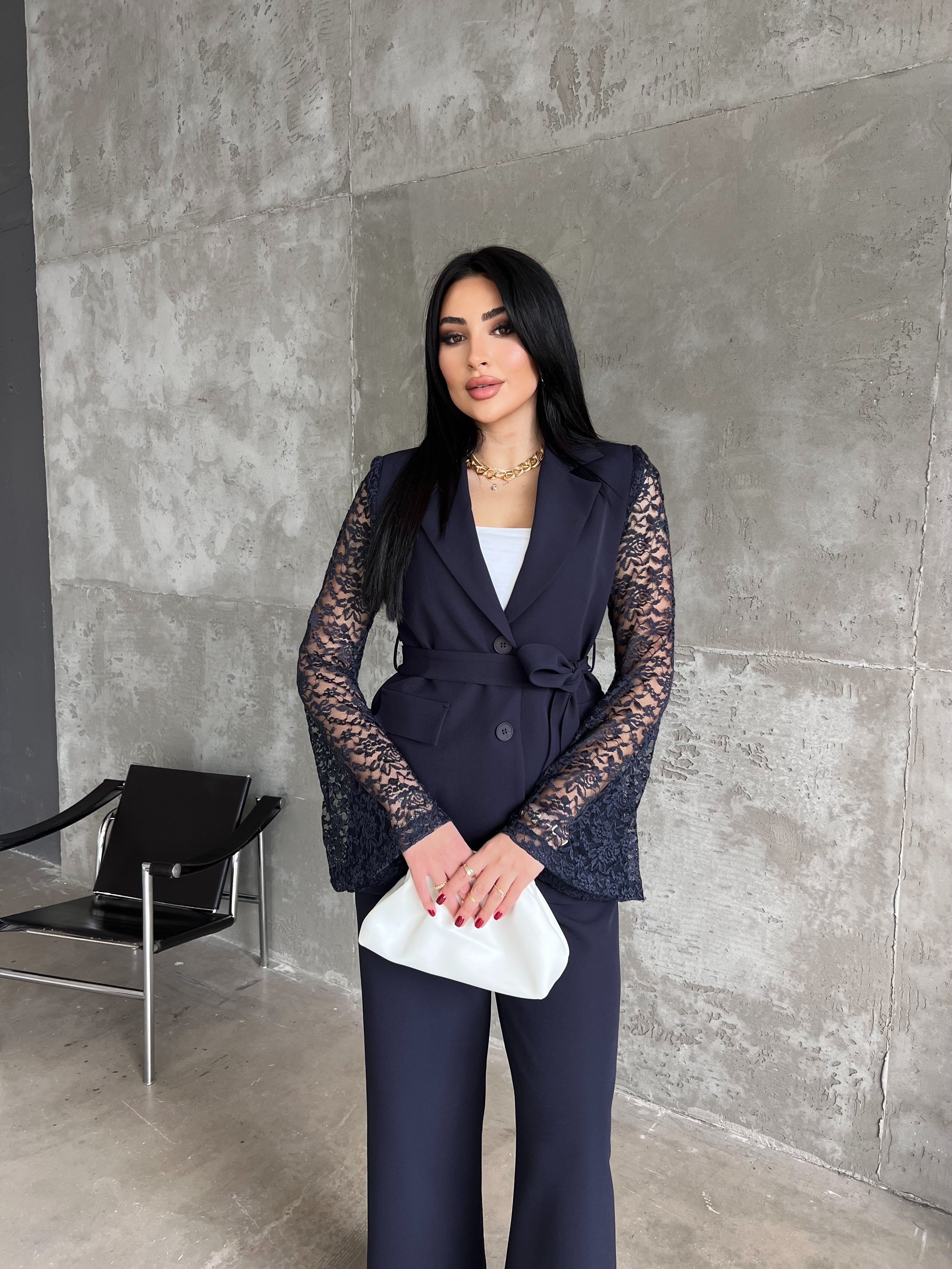via kolları dantelli ceket takım lacivert 