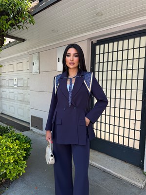 Çıkarılabilir şal detaylı ceket takım lacivert 