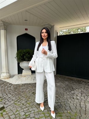 ip kemerli keten takım beyaz