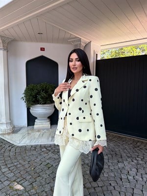 puantiyeli dantelli ceket takım sarı 