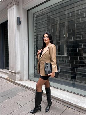 Tek Düğmeli Deri Ceket Bej