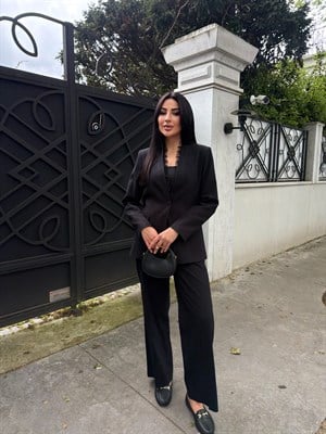 yaka dantelli keten takım siyah