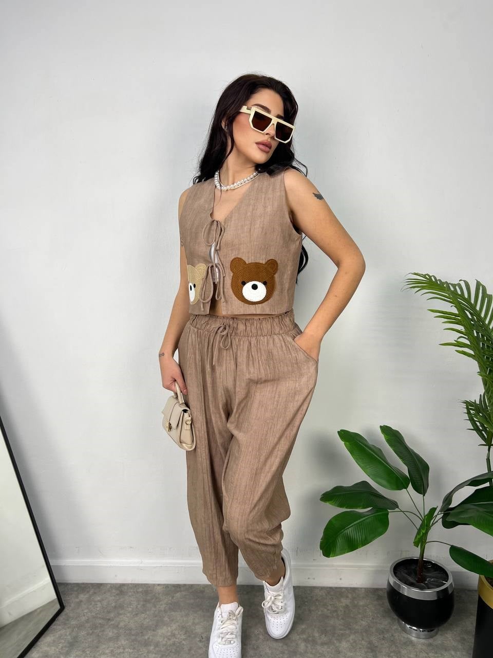 ayıcık aksesuarlı ikili takım camel