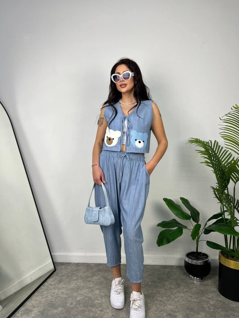 ayıcık aksesuarlı ikili takım mavi