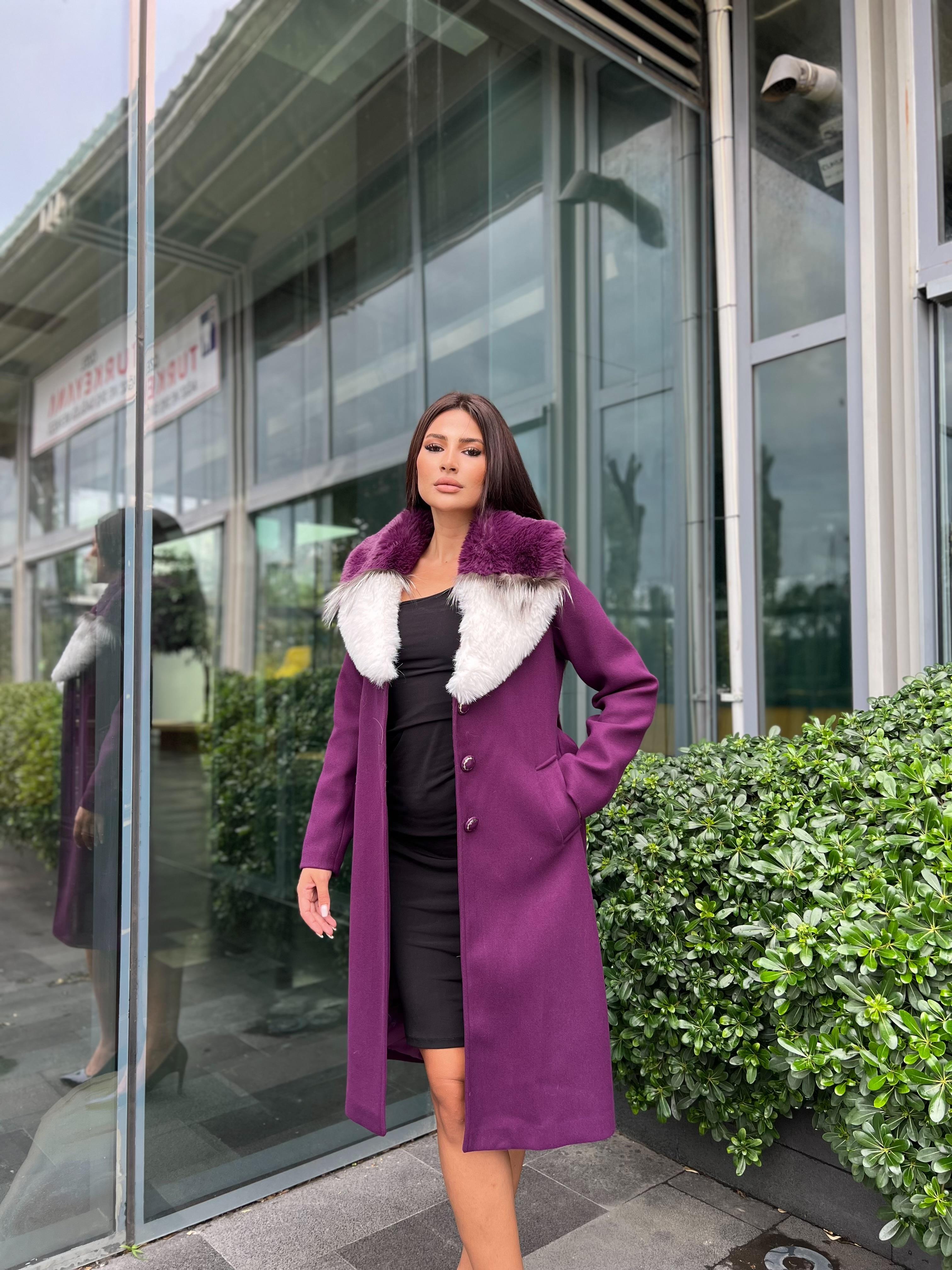 Beaute Kürklü Kaşe Kaban Mürdüm