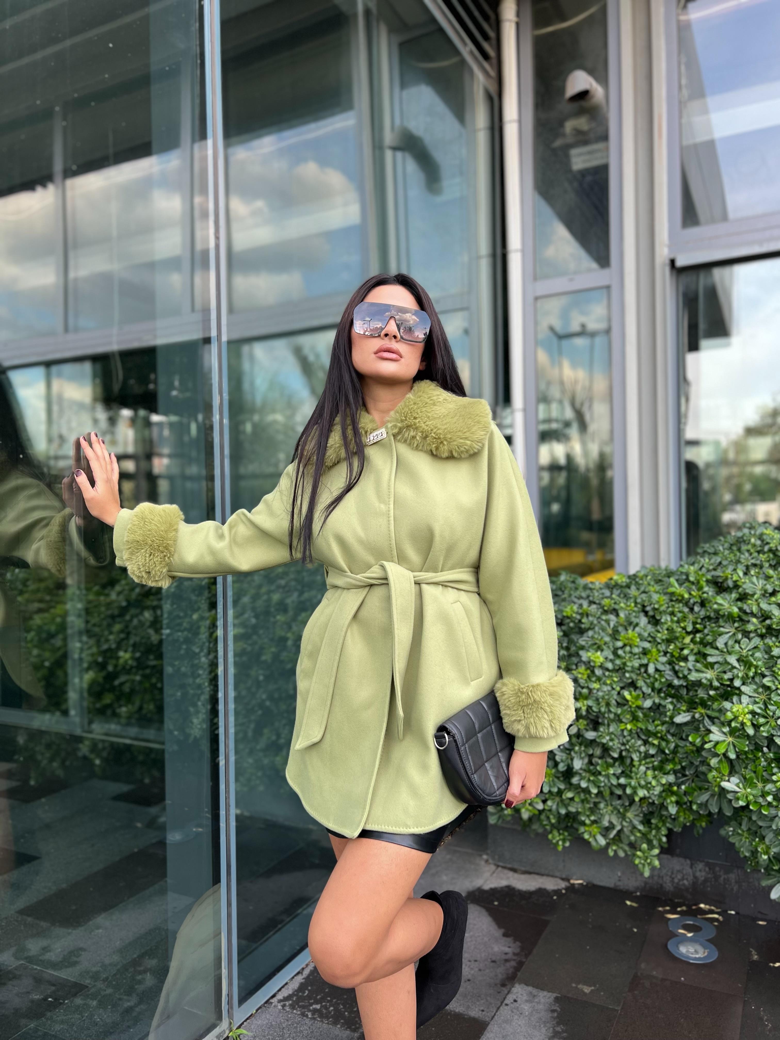 Bellezza Kürklü Panço Açık Yeşil