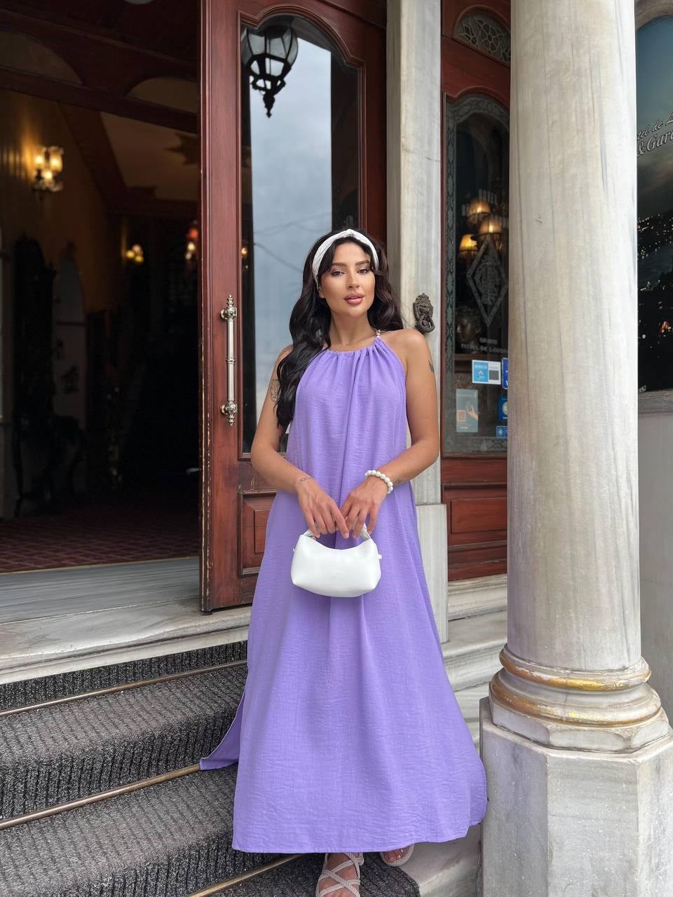 boncuklu keten elbise lila